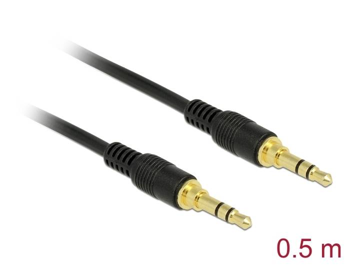 Zwei schwarze Audiokabel mit vergoldeten 3,5-mm-Steckern, jeweils 0,5 Meter lang.