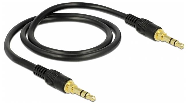 Ein schwarzes Audiokabel mit zwei goldfarbenen 3,5-mm-Steckern an beiden Enden.