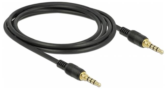 Schwarzes Audiokabel mit zwei 3,5-mm-Klinkensteckern, geeignet zur Verbindung von Audiogeräten wie Kopfhörern oder Lautsprechern.