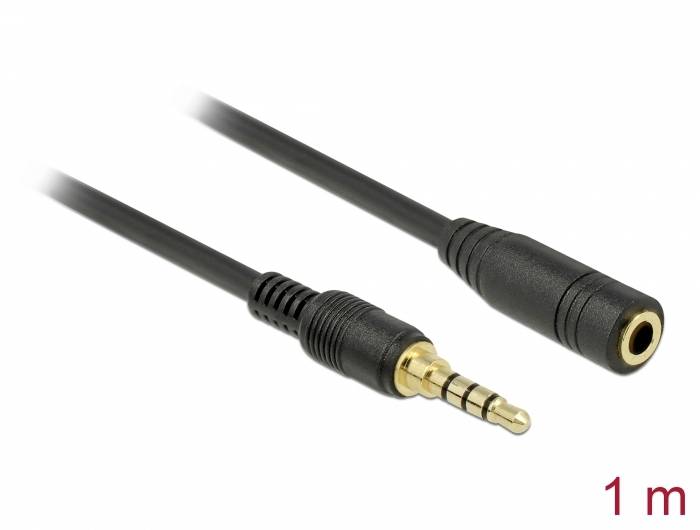 Schwarzes Audiokabel mit 3,5-mm-Stecker und Buchse, Länge 1 Meter, auf weißem Hintergrund.