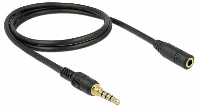 Schwarzes Audiokabel mit einem 3,5-mm-TRRS-Stecker und einer Buchse, geeignet zur Audioverlängerung oder Verbindung von Geräten.