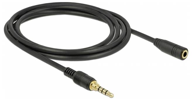 Schwarzes Audiokabel mit einem 3,5 mm Klinkenstecker an einem Ende und einer Buchse am anderen Ende, geeignet für Kopfhörer.