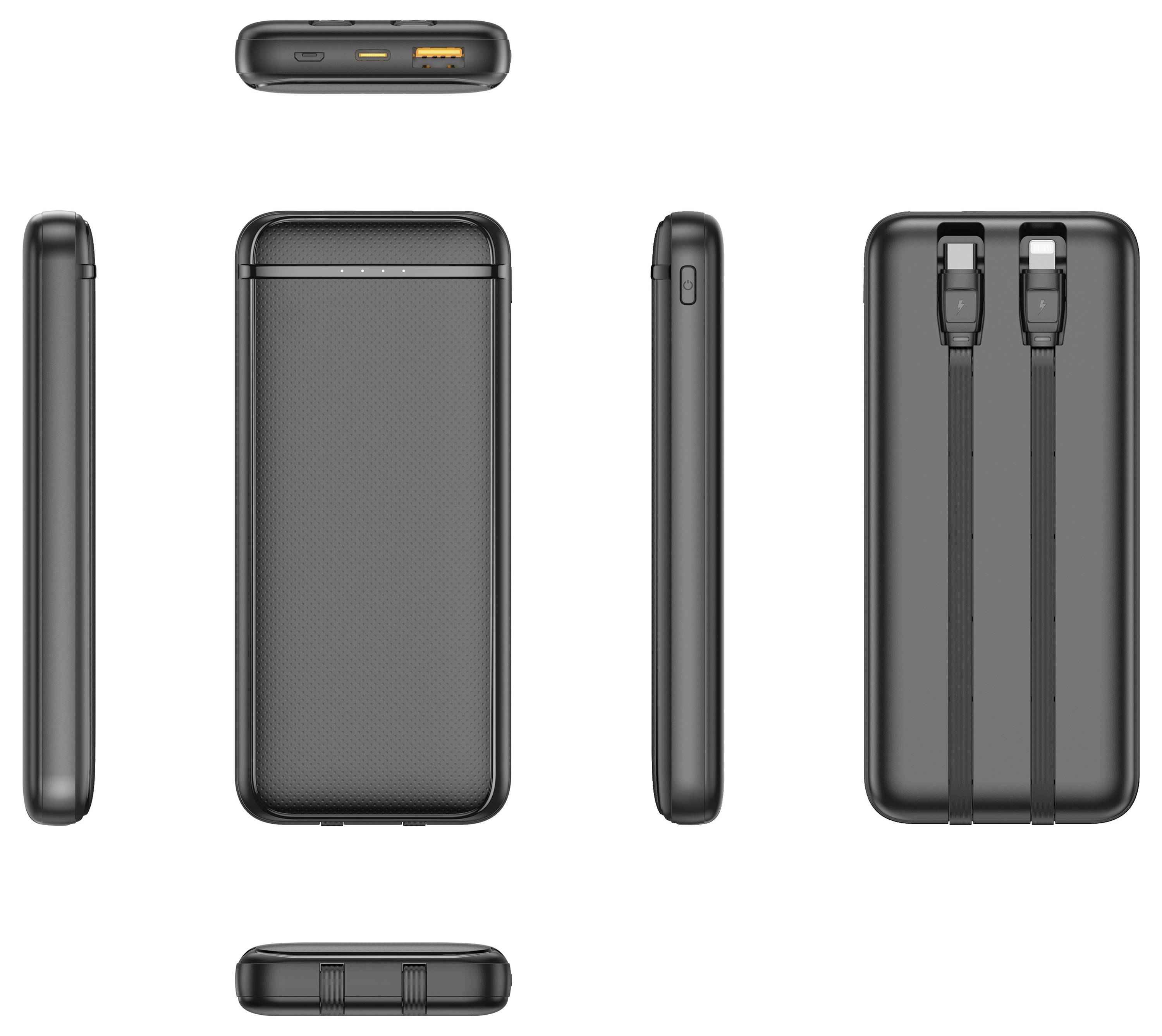 Mehrere Ansichten einer schwarzen tragbaren Powerbank mit zwei USB-Anschlüssen und integrierten Kabeln.