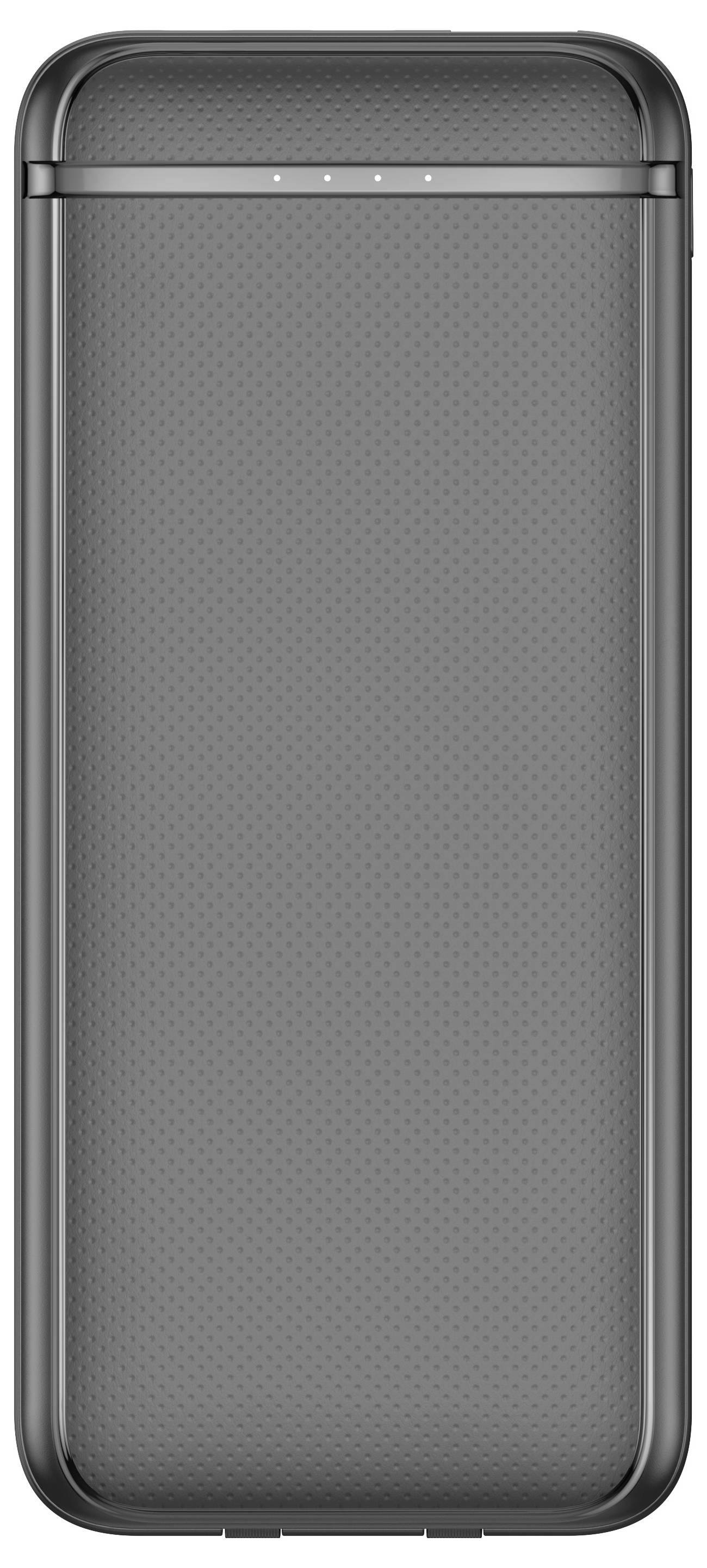 Schwarze Powerbank mit glatter Oberfläche und Ladeanzeige oben; tragbares Ladegerät für elektronische Geräte.