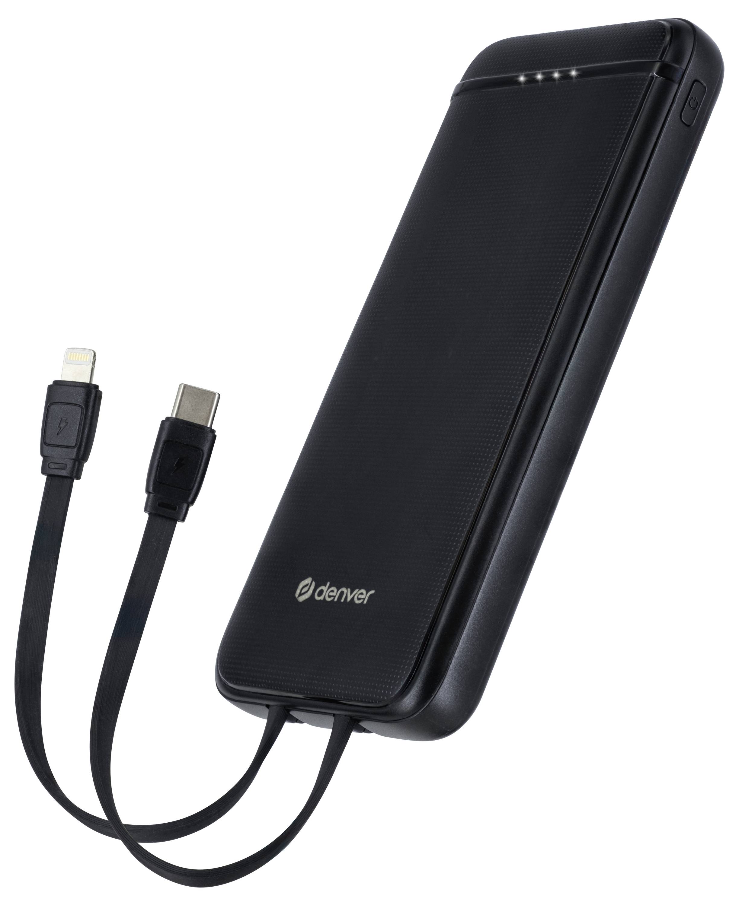 Schwarze Powerbank mit zwei integrierten Kabeln, USB-C und Lightning-Anschluss, von der Marke 'Denver'. LED-Anzeige oben.