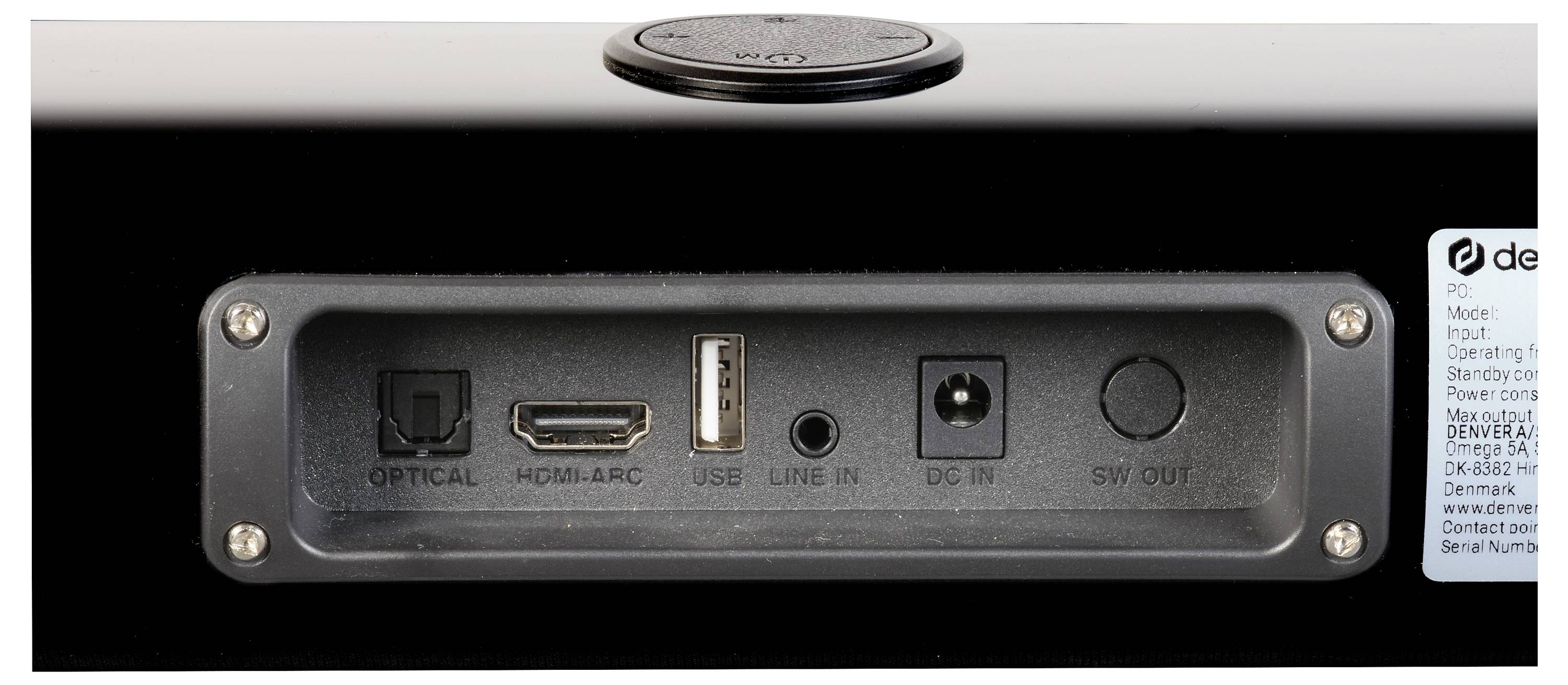 Anschlüsse auf der Rückseite eines Geräts: Optischer Anschluss, HDMI/ARC, USB, Line-In, DC-In, Subwoofer-Ausgang.