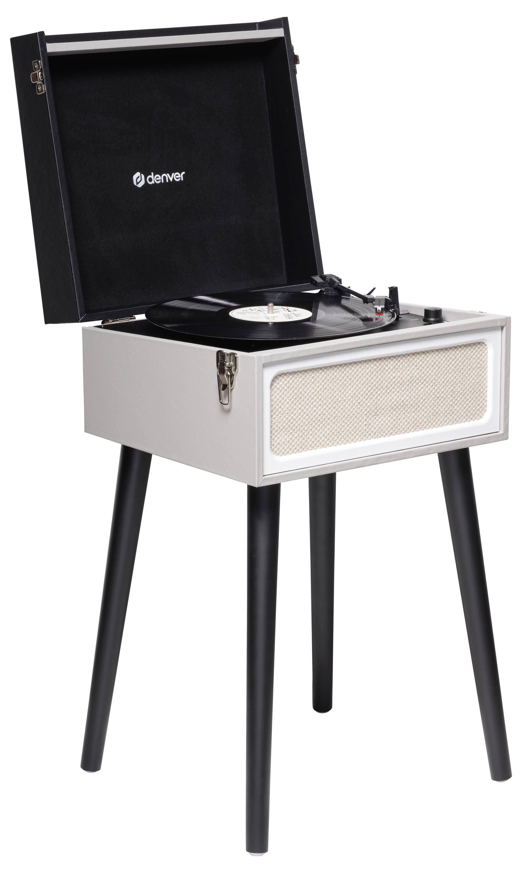 Ein nostalgischer Plattenspieler auf Beinen, spielt eine Schallplatte. Er hat ein weißes Gehäuse mit schwarzem Deckel und Lautsprechern.