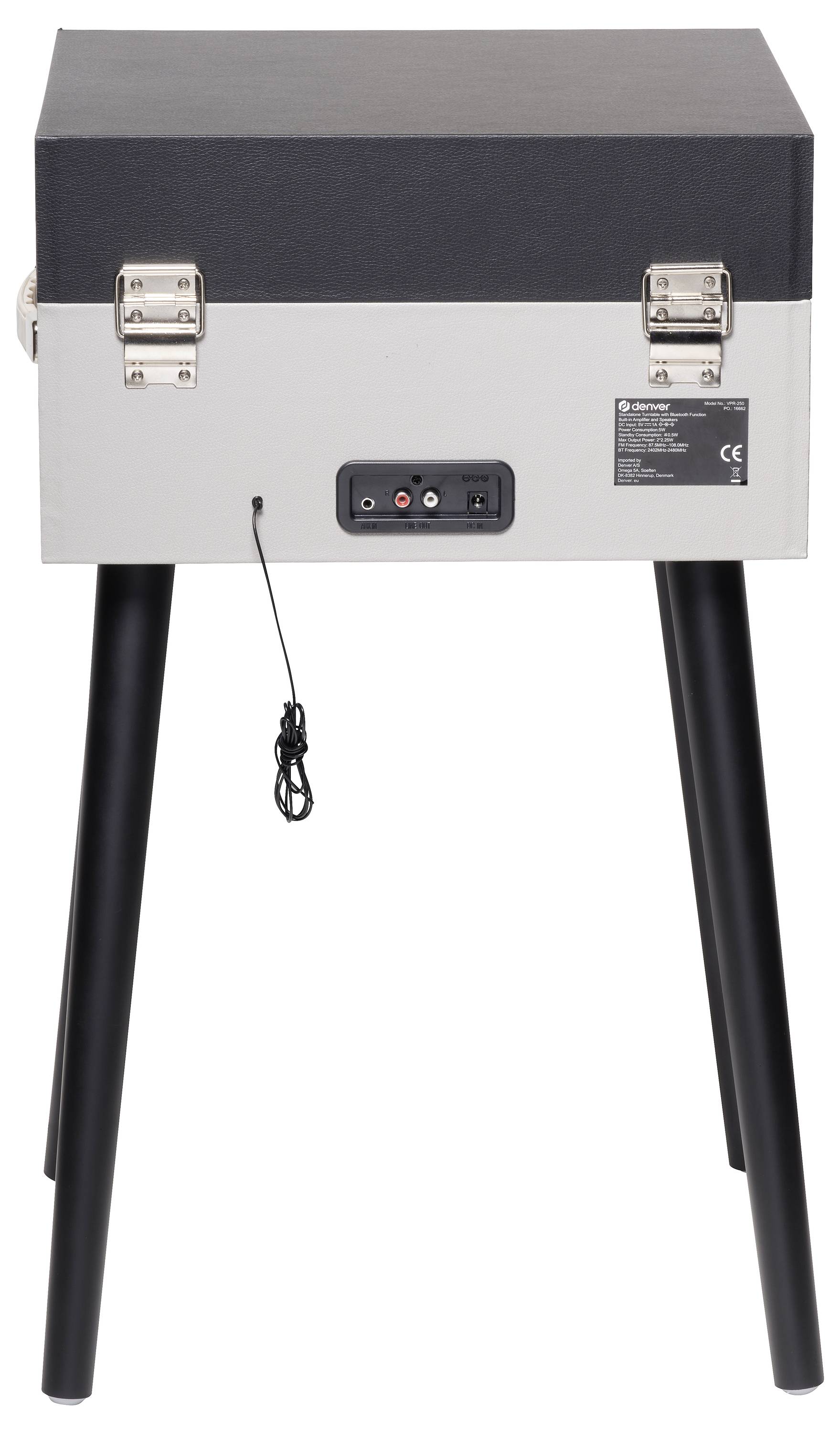 Ein tragbarer, hochbeiniger Lautsprecher mit Retro-Design, schwarzer Oberseite und grauem Gehäuse, zeigt Anschlüsse und Netzschalter.