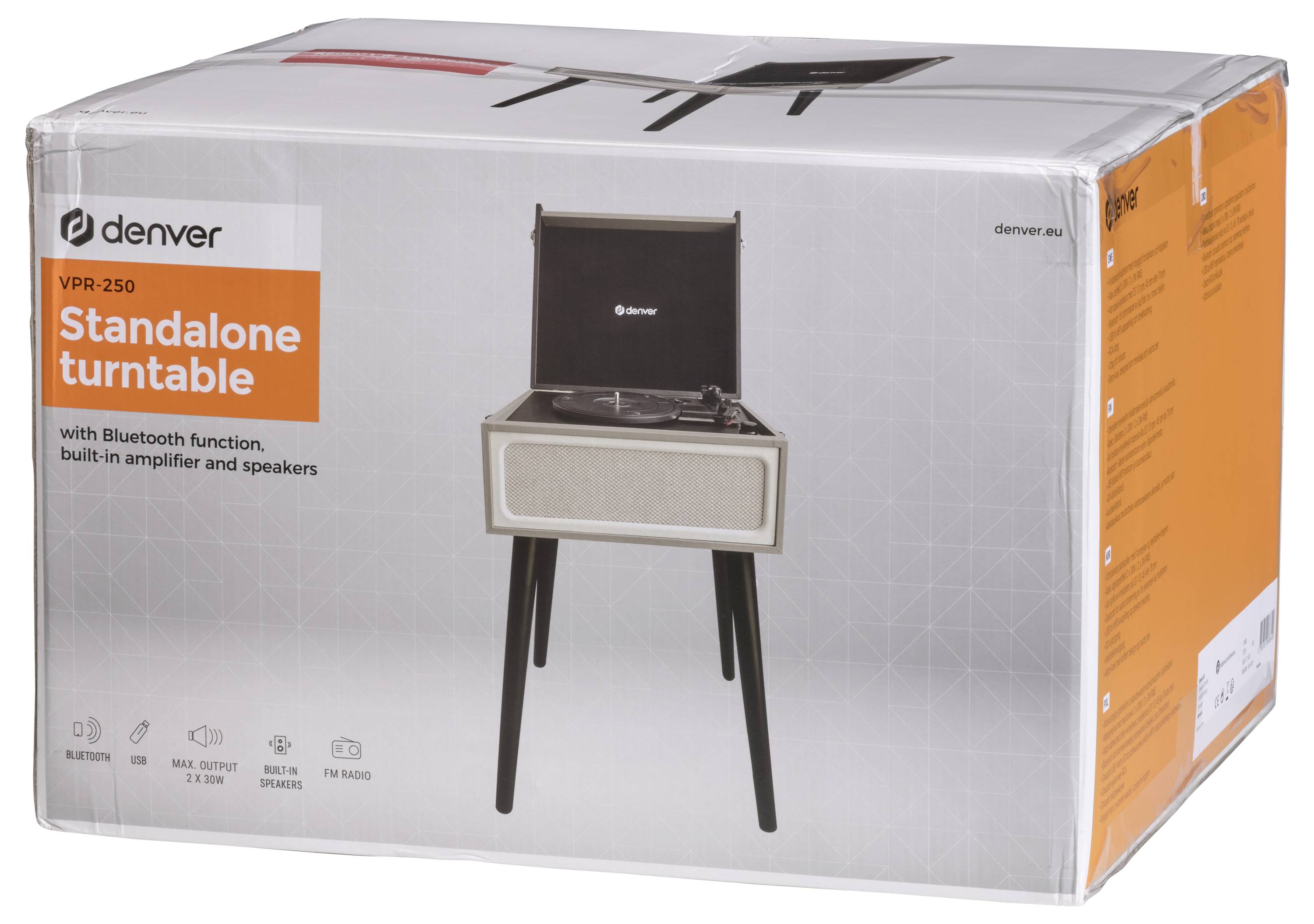 Plattenspieler 'Denver VPR-250' in Verpackung, freistehend mit Bluetooth, integriertem Verstärker und Lautsprechern, Farbe: Weiß.