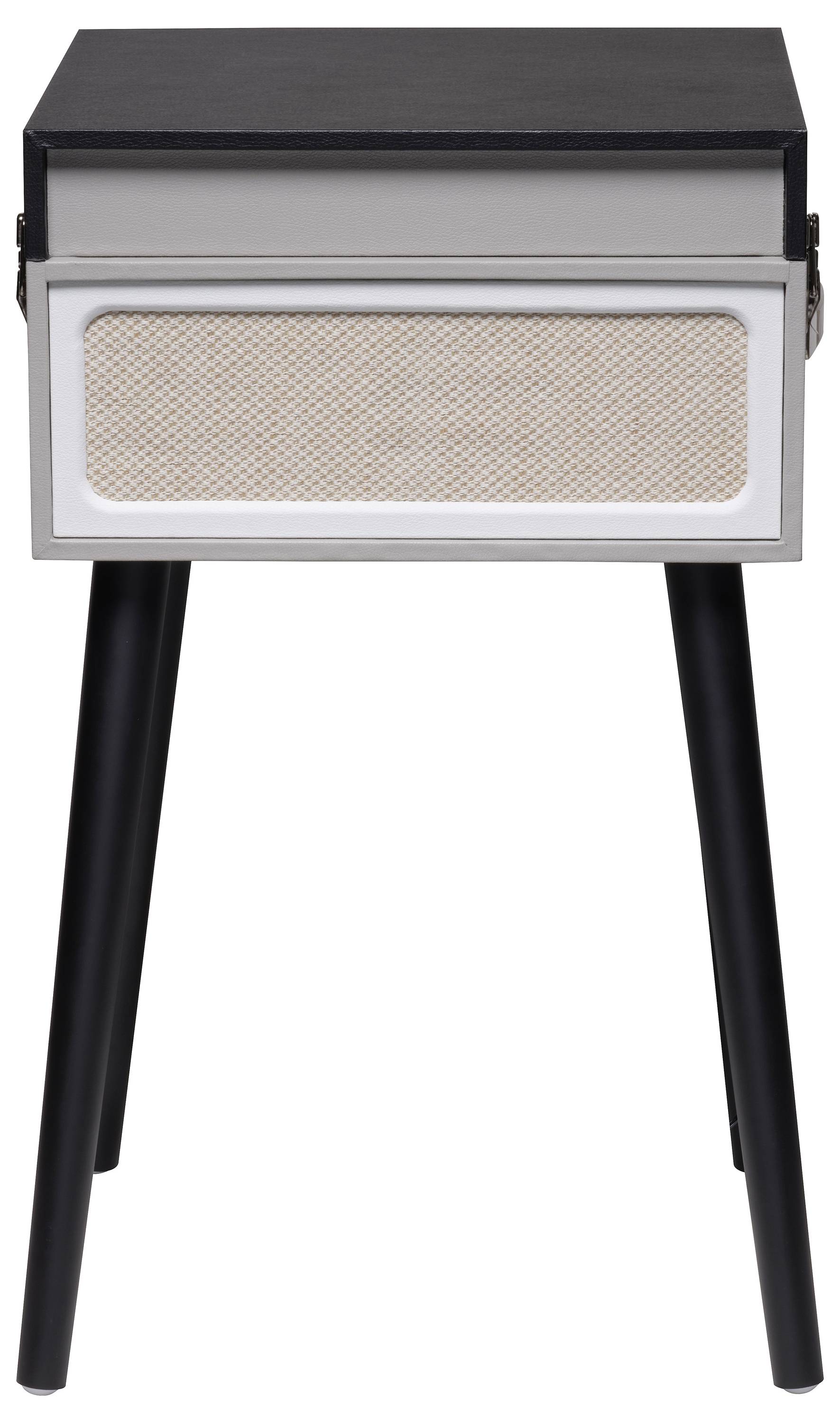 Kompakter, stilvoller Nachttisch mit schwarzen Beinen und rechteckiger Form in grau und schwarz kombiniert. Ideal für moderne Innenräume.