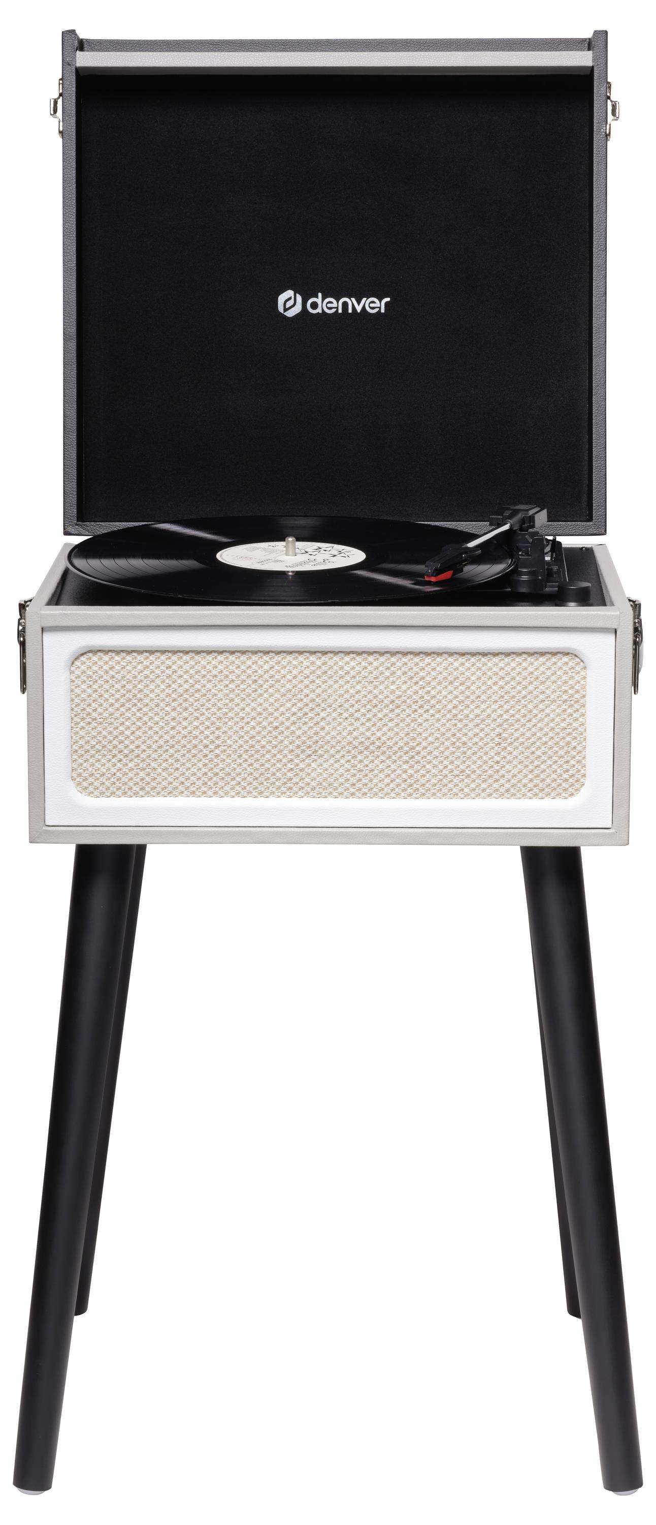 Plattenspieler in einem Holzkasten mit geöffnetem Deckel, auf vier Beinen stehend. Eine Vinyl-Schallplatte wird darauf abgespielt.