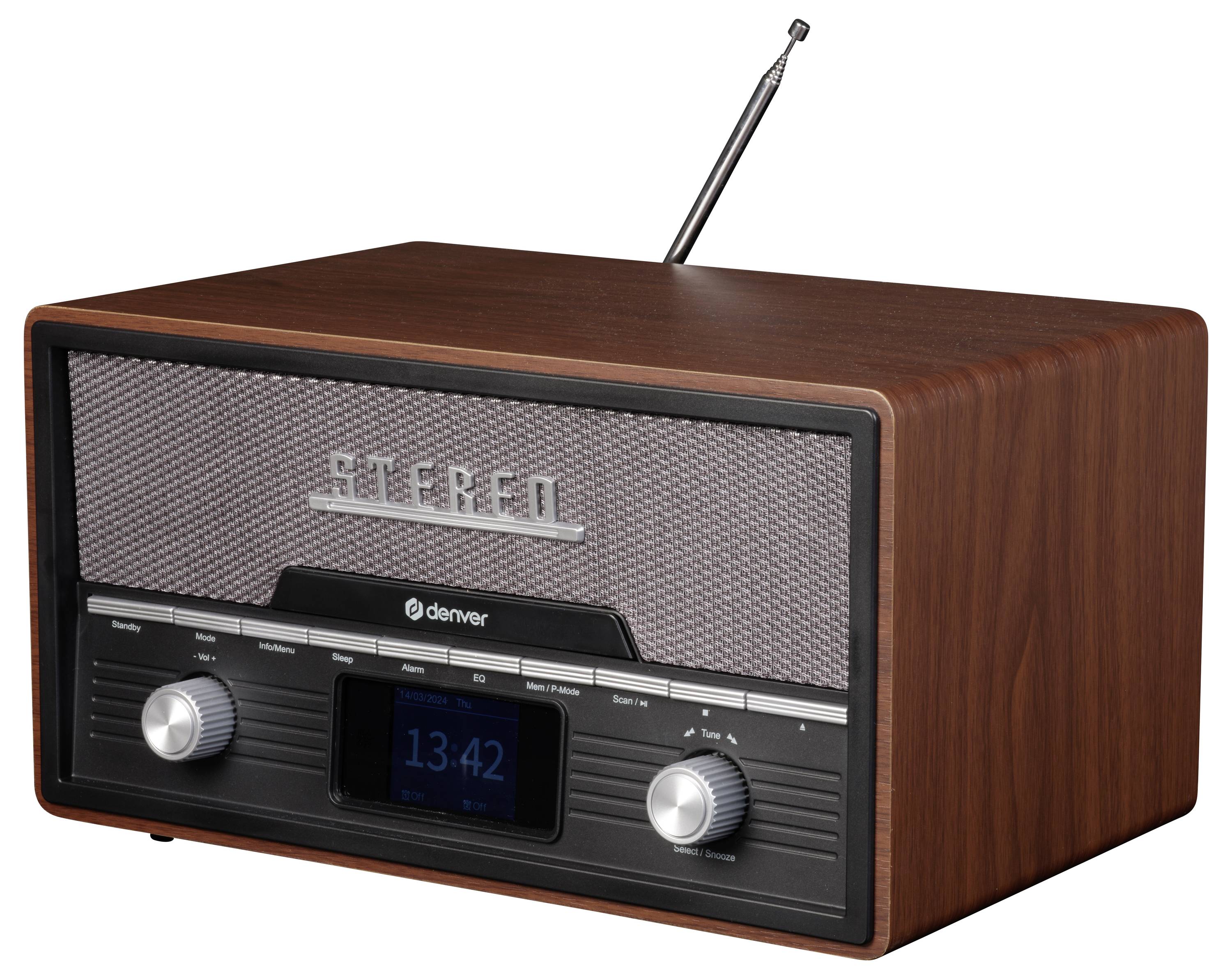 Ein Retro-Radio aus Holz mit zwei Drehknöpfen und digitaler Anzeige in der Mitte, Antenne oben, zeigt die Uhrzeit 13:42.