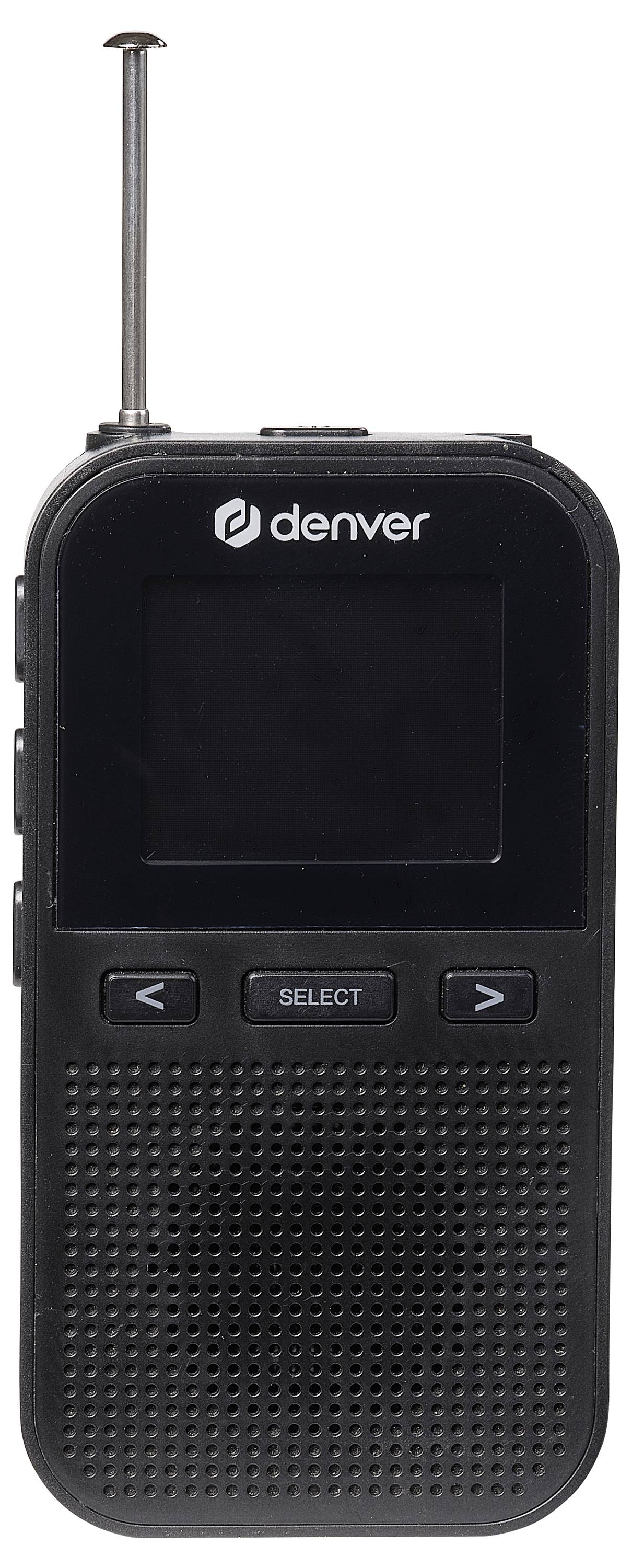 Tragbares schwarzes Radio mit Antenne, Bildschirm und Bedientasten.