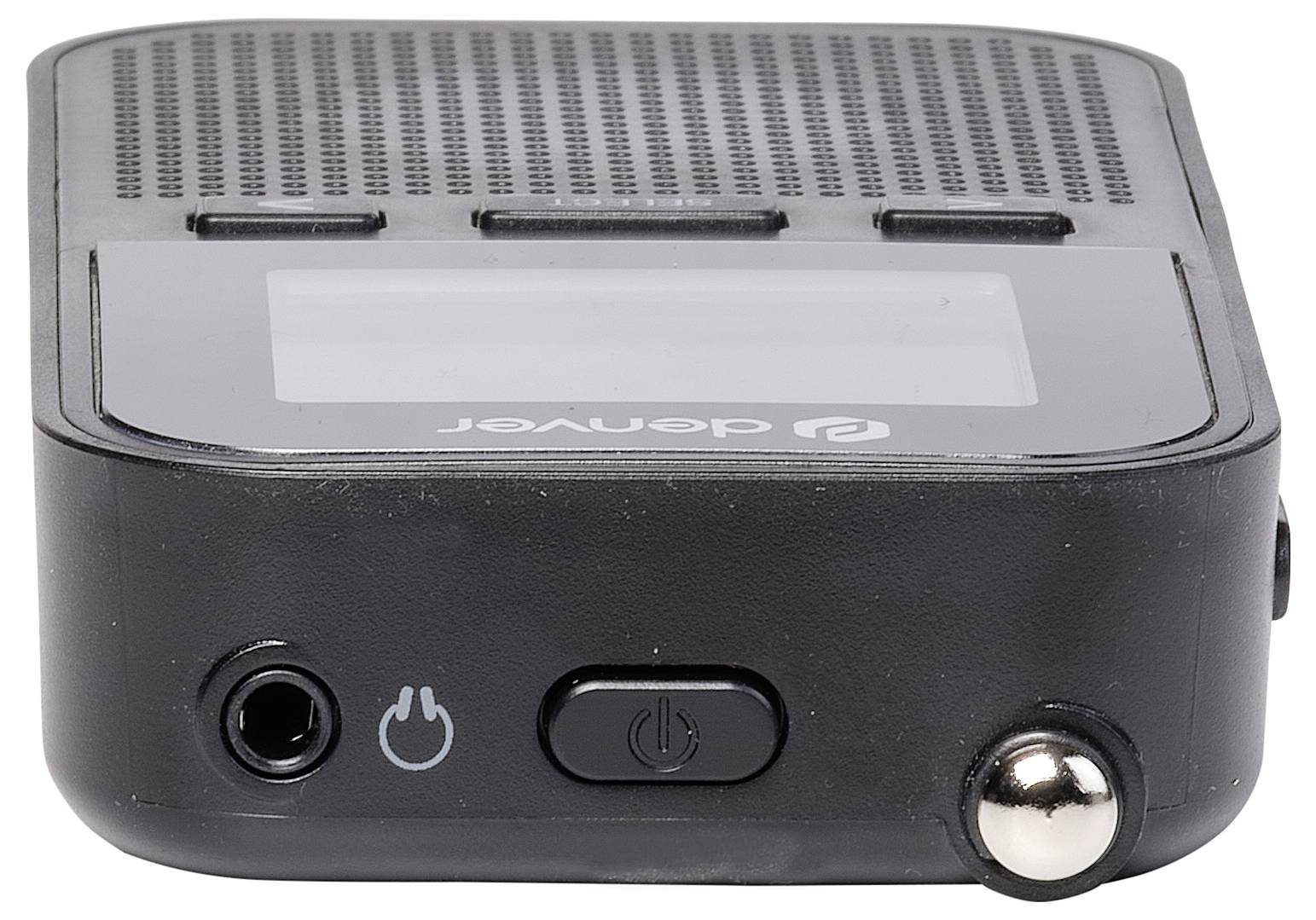 Schwarzes tragbares Audiogerät mit Frontdisplay und mehreren Tasten oben. Links ist eine Kopfhörerbuchse, rechts ein Metallknopf.