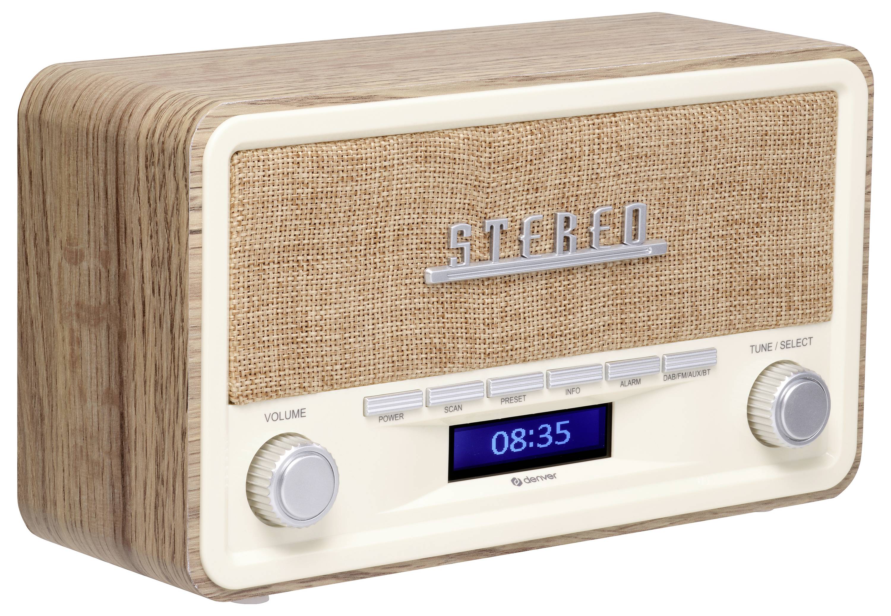 Ein Retro-Radio aus Holz mit Stofffront. Vorne befinden sich Knöpfe für Lautstärke und Tuning sowie eine digitale Uhranzeige mit der Zeit '08:35'.