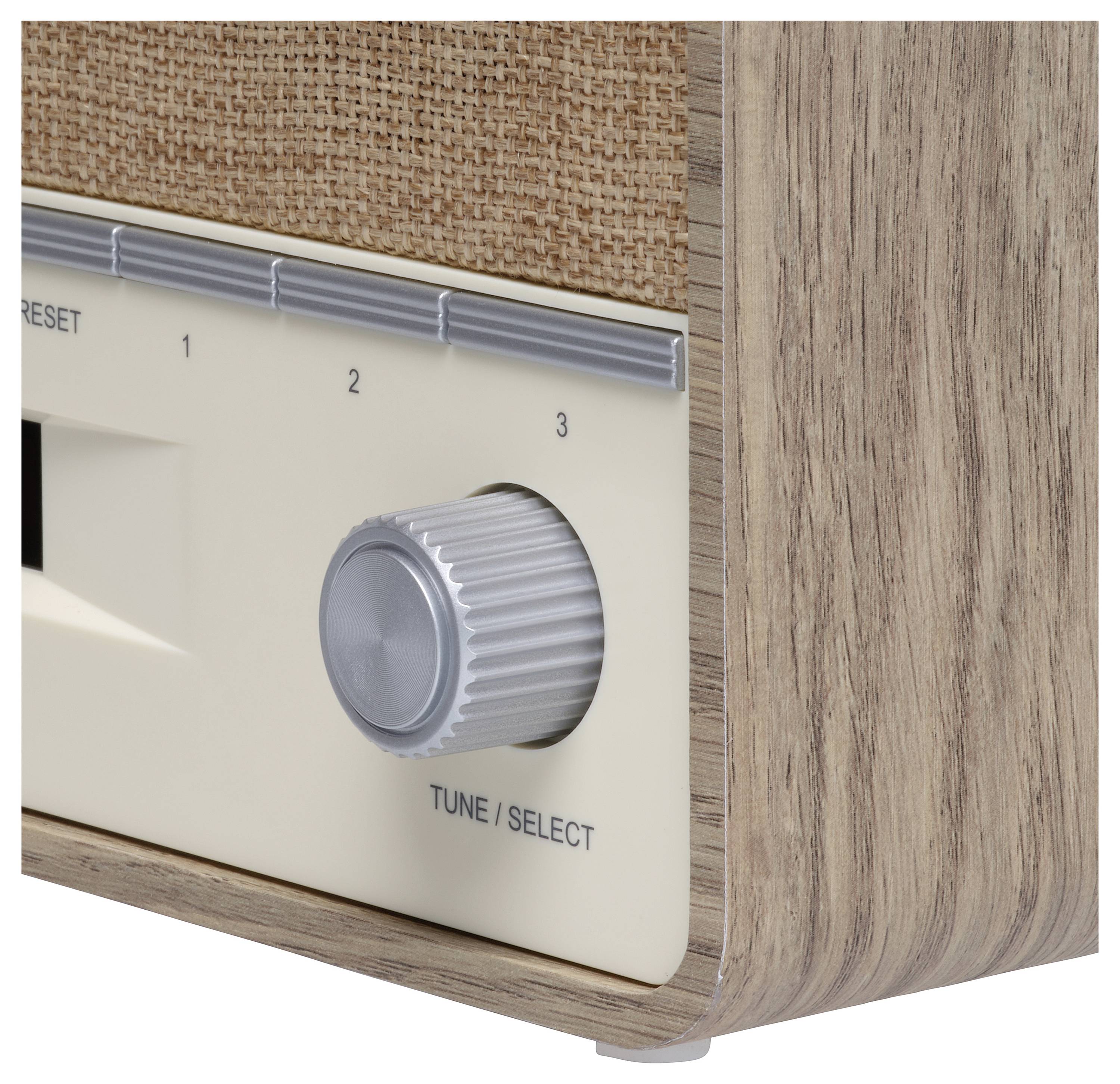 Retro-Radio in Holzoptik mit silbernem Drehknopf für 'Tune/Select' und Skala mit Zahlen, präsentiert klassisches Design.