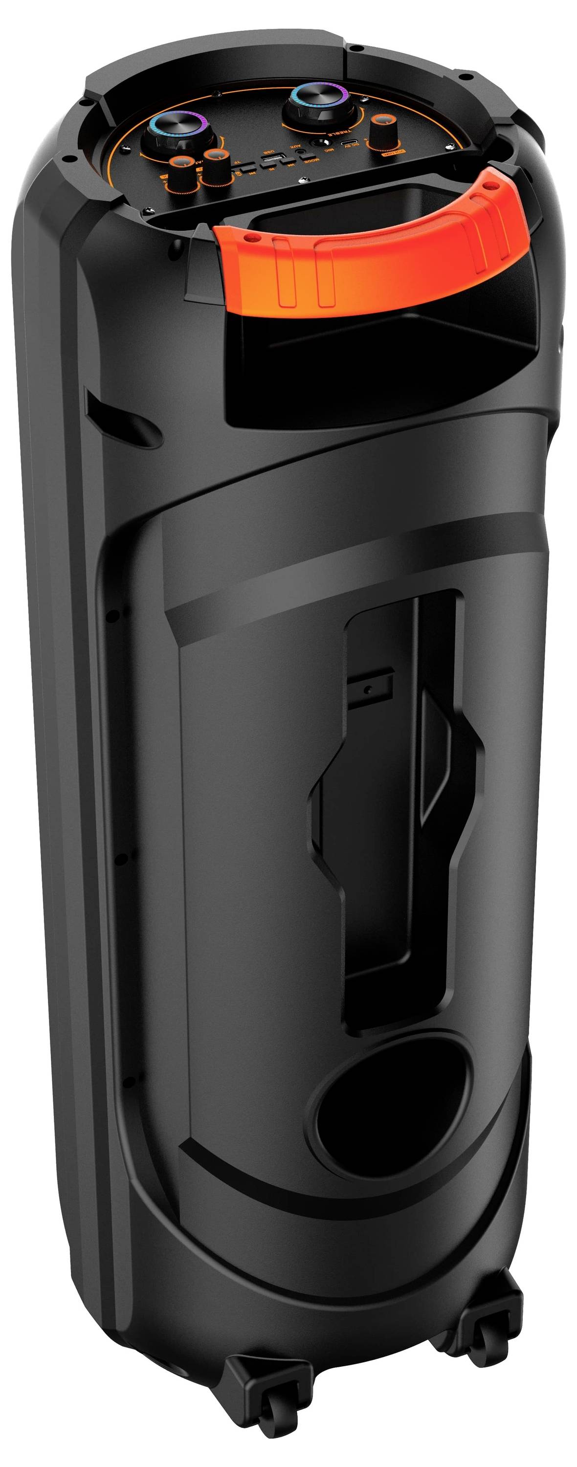 Ein schwarzes, kegelförmiges Gerät mit zwei Objektiven oben und einem rutschfesten Griff, möglicherweise ein tragbarer Projektor.