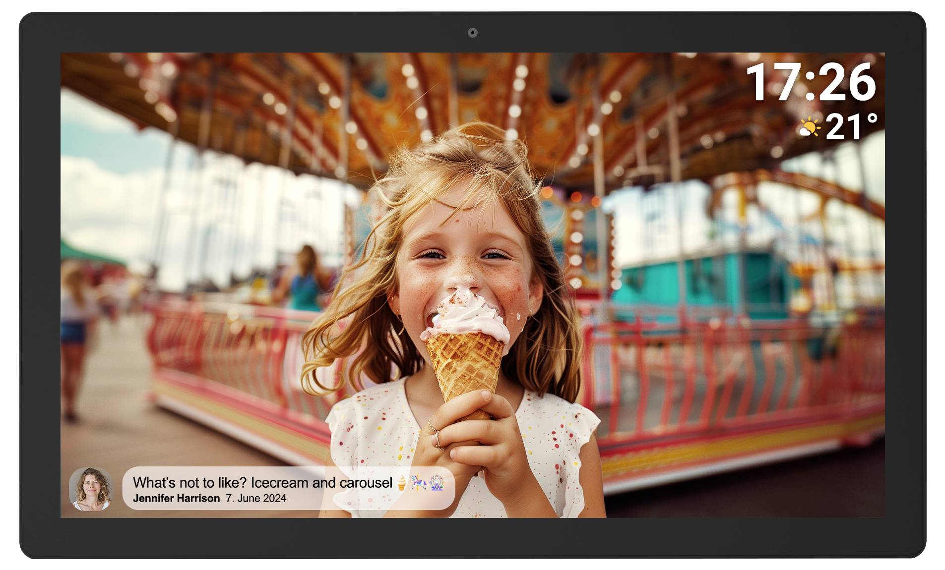 Mädchen isst Eis vor einem Karussell. Oben rechts Uhrzeit '17:26', Wetter '21°C'. Unten Text: 'What's not to like? Icecream and carousel!'