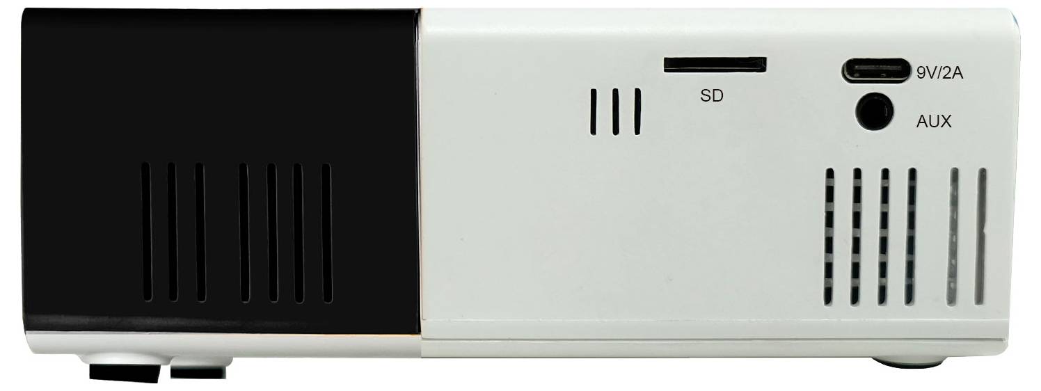 Ein kompakter Mini-Beamer, Vorderansicht. Zeigt Anschlüsse für SD-Karten, AUX und Strom. Ideal für Heimkino oder Präsentationen.