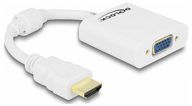 Ein weißer Adapter mit HDMI-Stecker und VGA-Buchse von Delock, verbunden über ein kurzes Kabel.