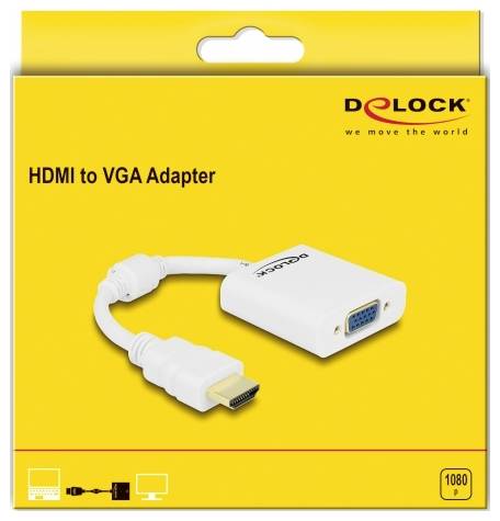 Gelbe Verpackung zeigt einen 'HDMI to VGA Adapter' von Delock. Produktbild des Adapters mit HDMI- und VGA-Anschlüssen, geeignet für 1080p Video.