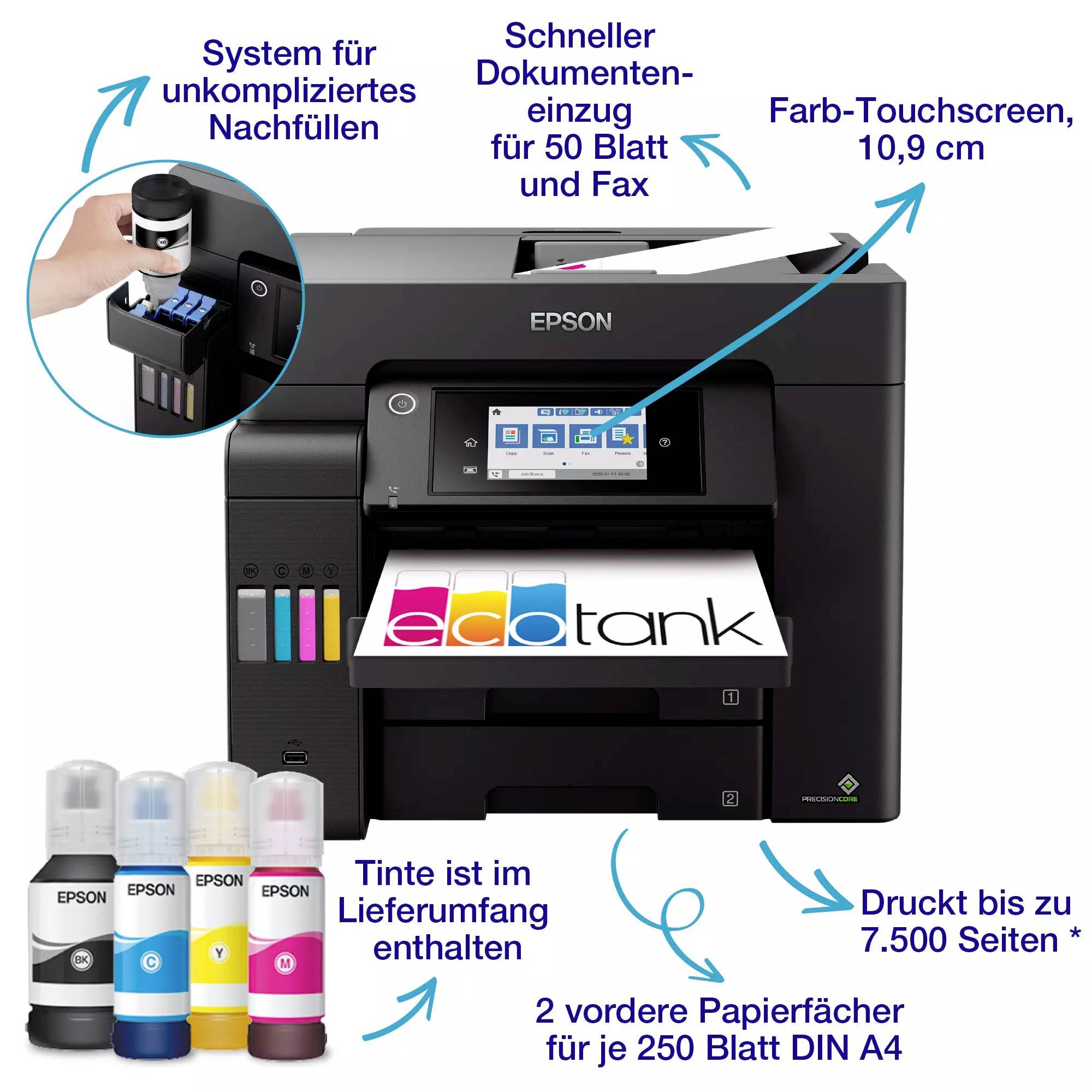 Ein Multifunktionsdrucker von Epson mit Farb-Touchscreen, schnellem Dokumenteneinzug, und Druckkapazität bis zu 7.500 Seiten. Enthält Tintenflaschen für einfaches Nachfüllen.