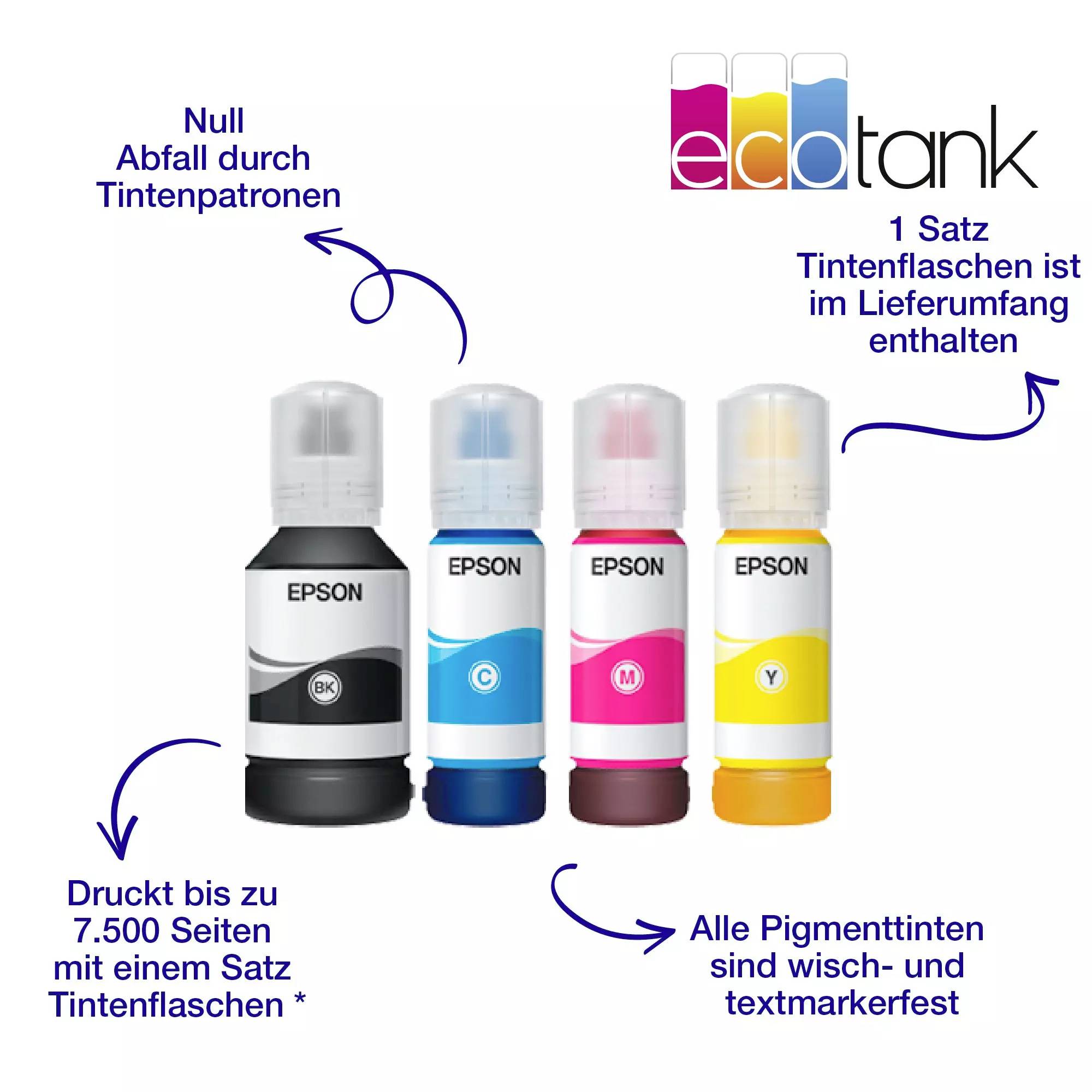EPSON Tintenflaschen Set mit den Farben Schwarz, Cyan, Magenta und Gelb. Vorteile: Kein Abfall, wischfest, bis zu 7.500 Seiten Druck.