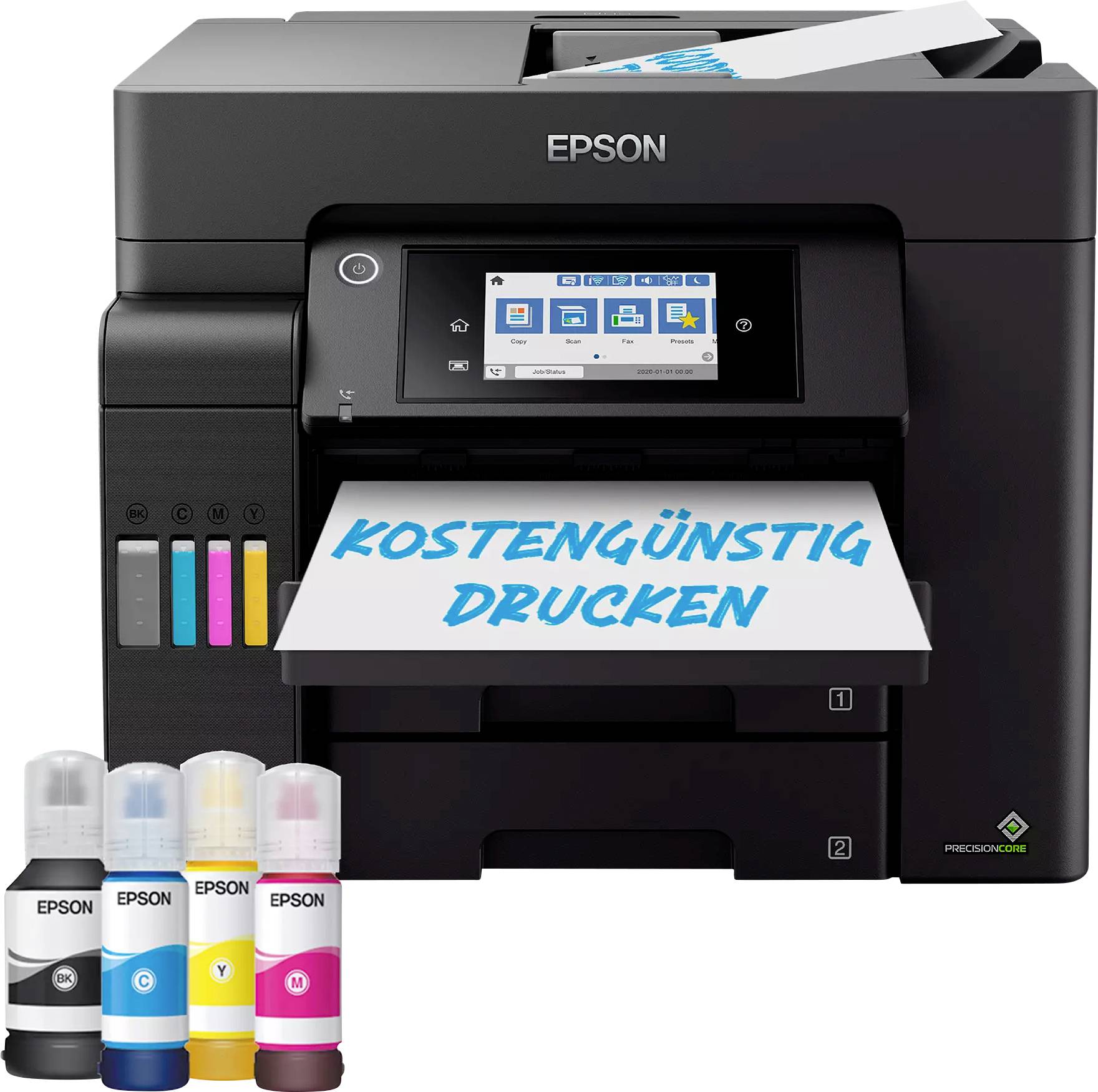 Ein Epson-Drucker mit Display und Papier mit der Aufschrift 'Kostengünstig drucken'. Daneben stehen vier Tintenflaschen in Cyan, Gelb, Magenta und Schwarz.