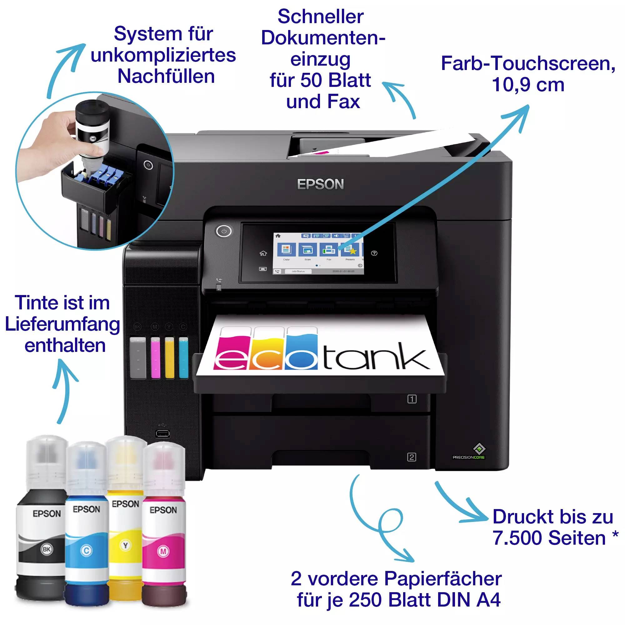 Epson EcoTank ET-5855 Multifunktionsdrucker Tintenstrahl Farbe A4 Drucker, Scanner, Kopierer, Fax Tintentank-System, USB, WLAN