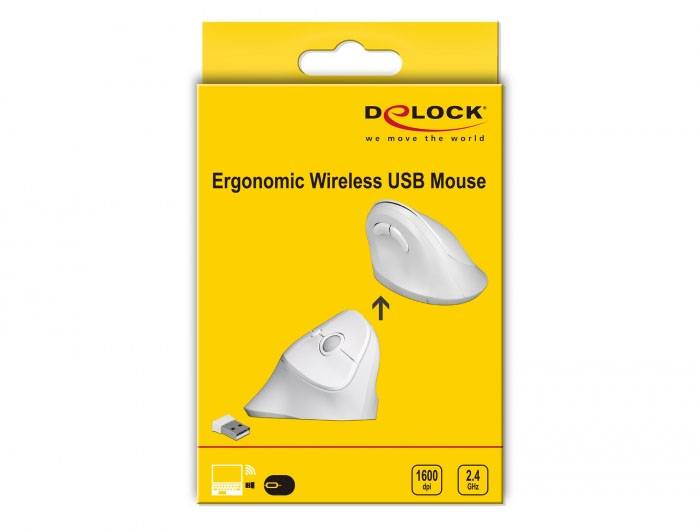 Delock 12596 Ergonomische Maus USB, Kabellos Weiß 4 Tasten 800 dpi, 1200 dpi, 1600 dpi
