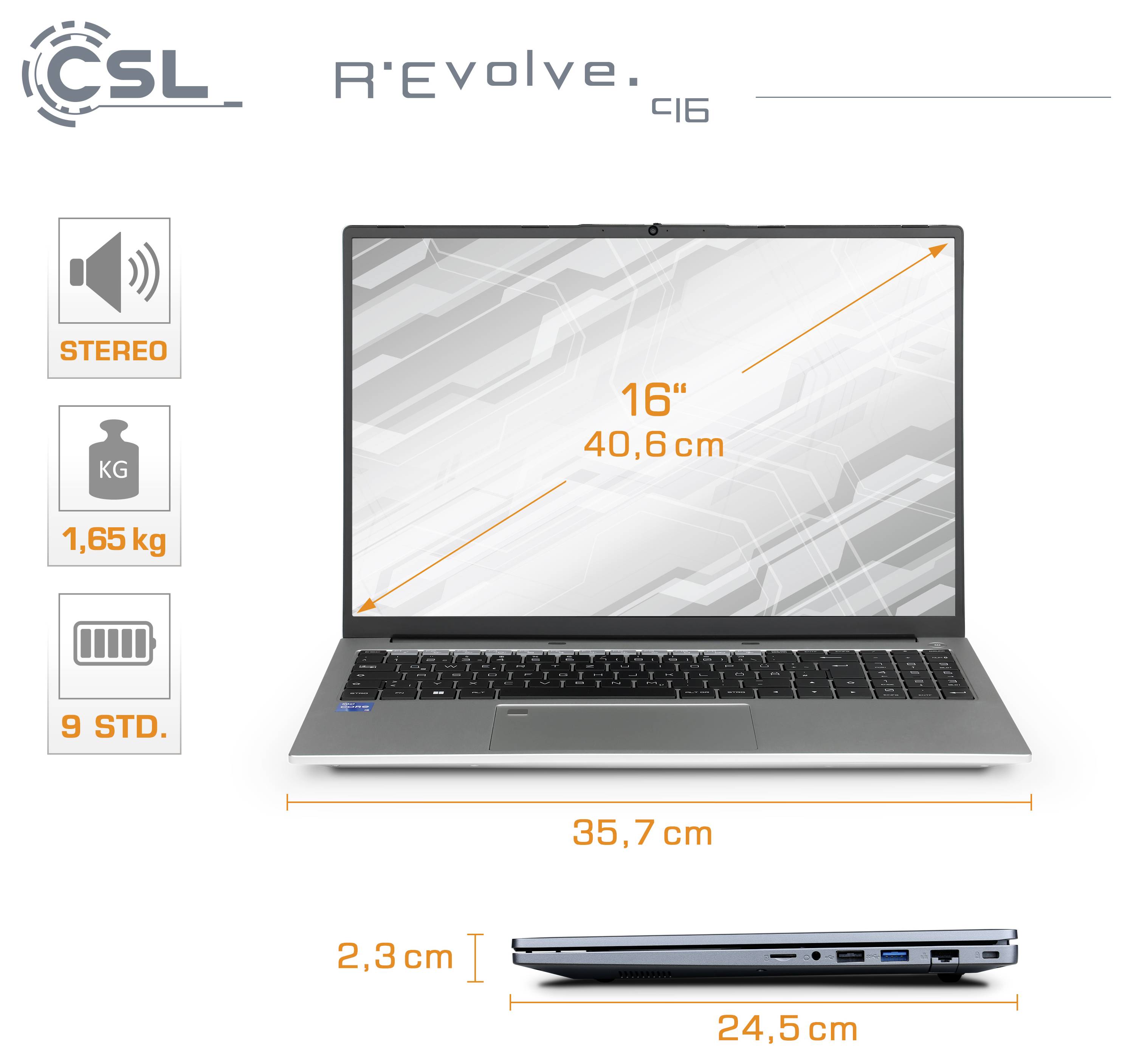CSL Computer Notebook CSL R'Evolve C16 40.6cm (16 Zoll) WUXGA Intel® Core™ i5 16GB RAM 1000GB SSD Deutsch, QWERTZ Grau 92677