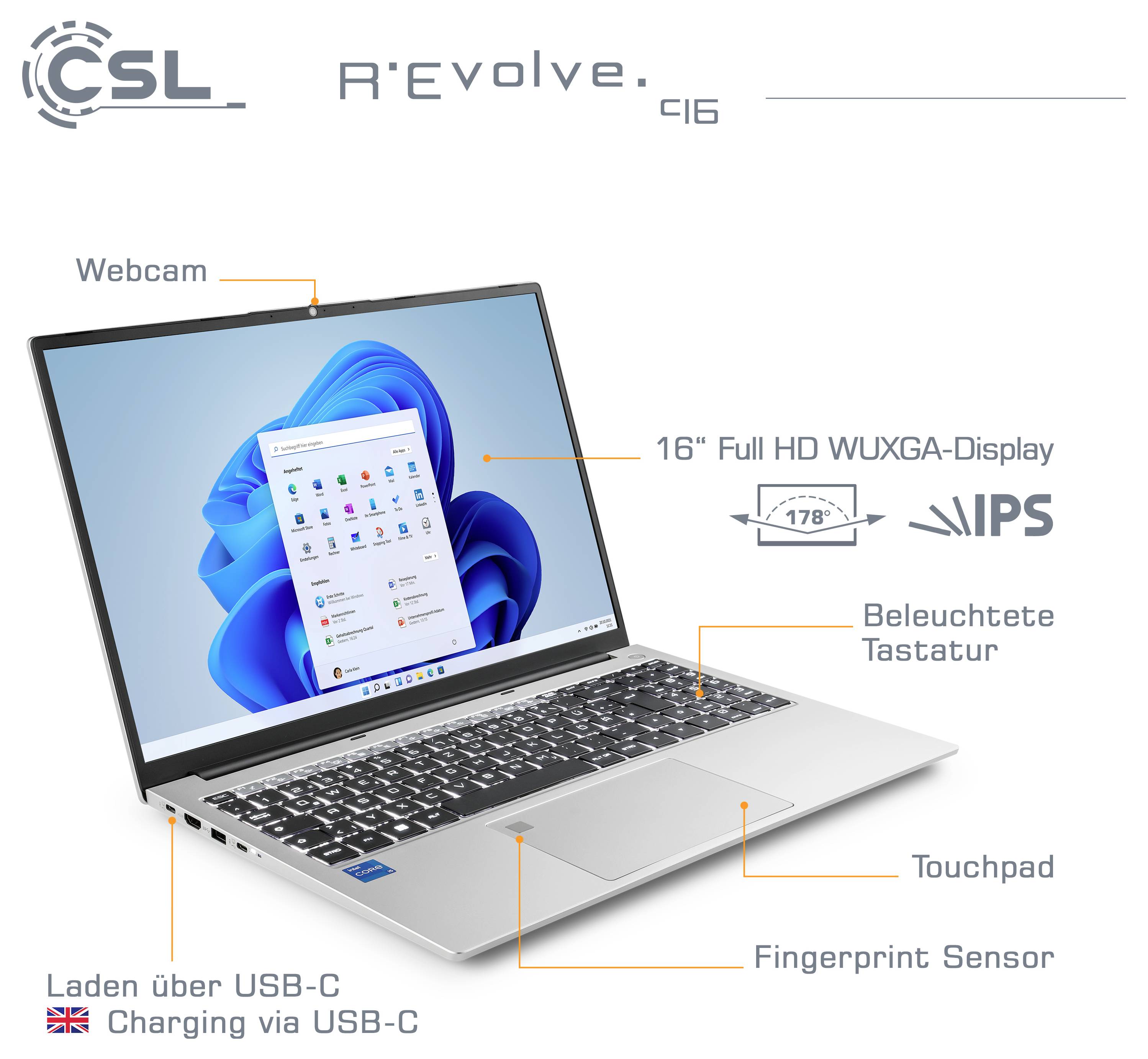 CSL Computer Notebook CSL R'Evolve C16 40.6cm (16 Zoll) WUXGA Intel® Core™ i5 64GB RAM 500GB SSD Deutsch, QWERTZ Grau 92691