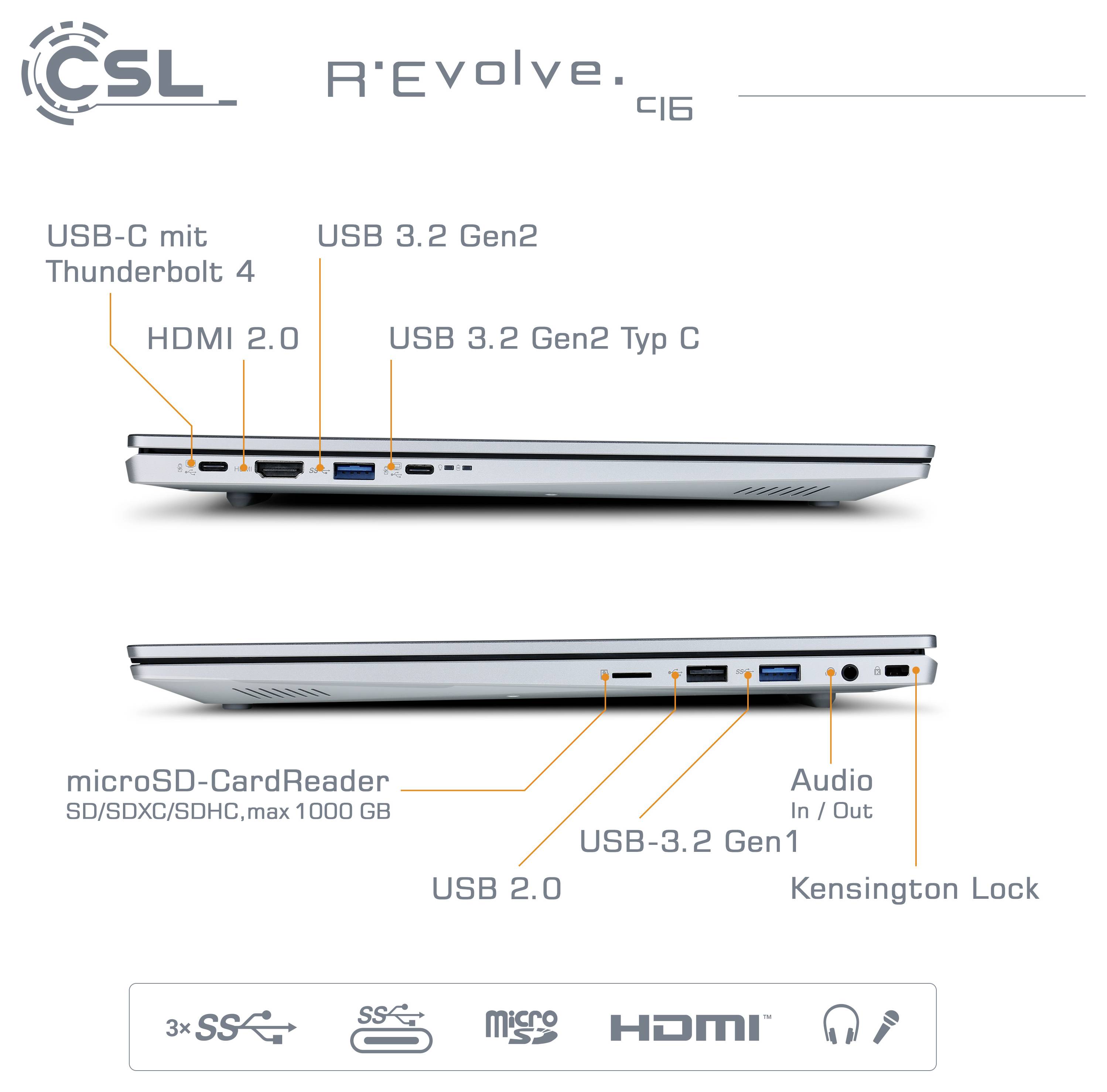 CSL Computer Notebook CSL R'Evolve C16 40.6cm (16 Zoll) WUXGA Intel® Core™ i5 64GB RAM 1000GB SSD Deutsch, QWERTZ Grau 92717