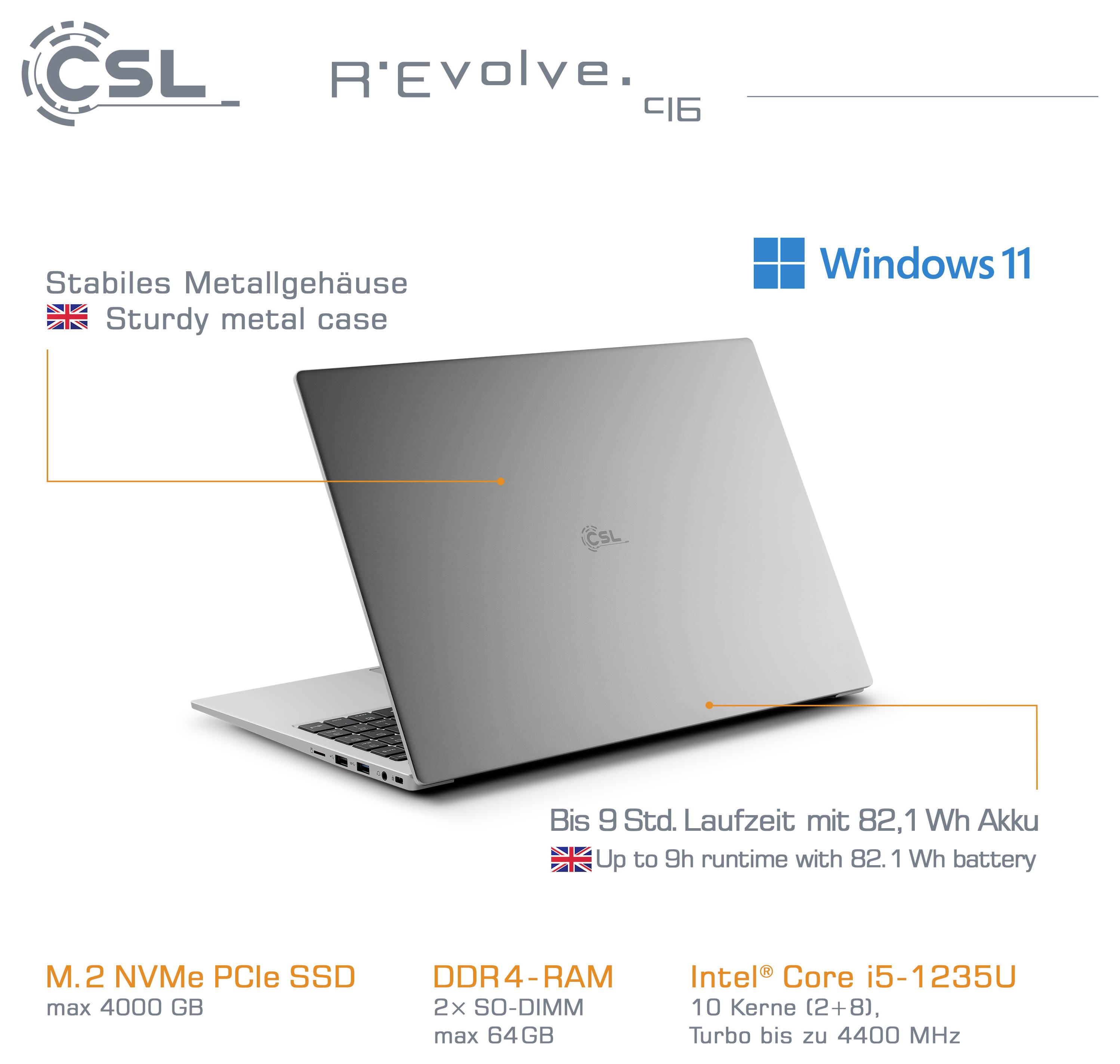 CSL Computer Notebook CSL R'Evolve C16 40.6cm (16 Zoll) WUXGA Intel® Core™ i5 64GB RAM 500GB SSD Deutsch, QWERTZ Grau 92715