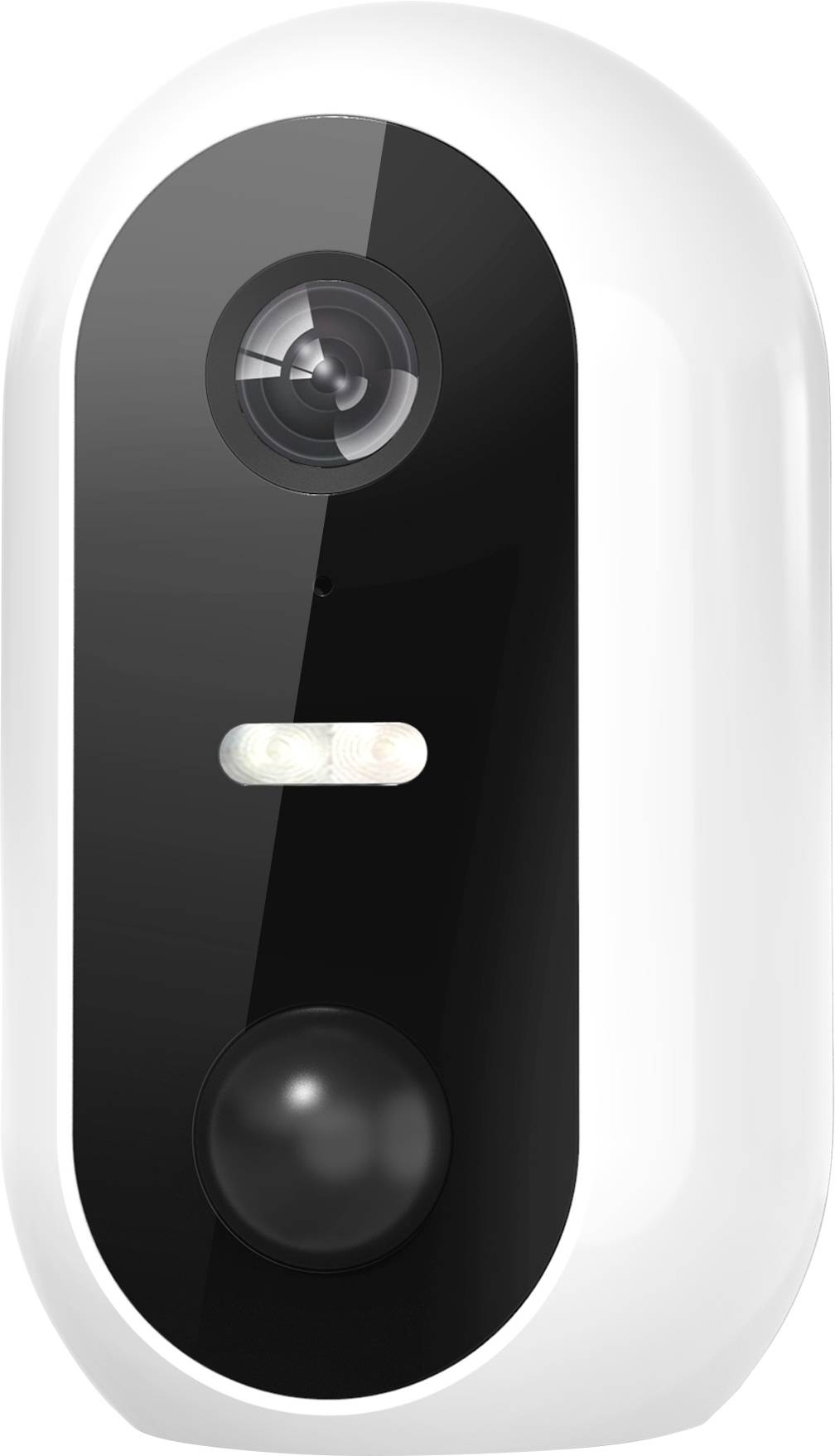 Eine weiße Überwachungskamera mit schwarzer Front, geeignet für Sicherheitszwecke, erkennbar an Objektiv, Sensoren und LED-Leuchten.
