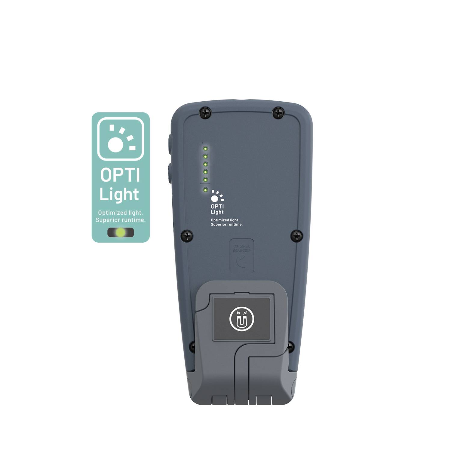 Ein graues Ladegerät mit LED-Anzeige und 'OPTI Light' Label. Zeigt Ladezustand und optimierte Lichtleistung.