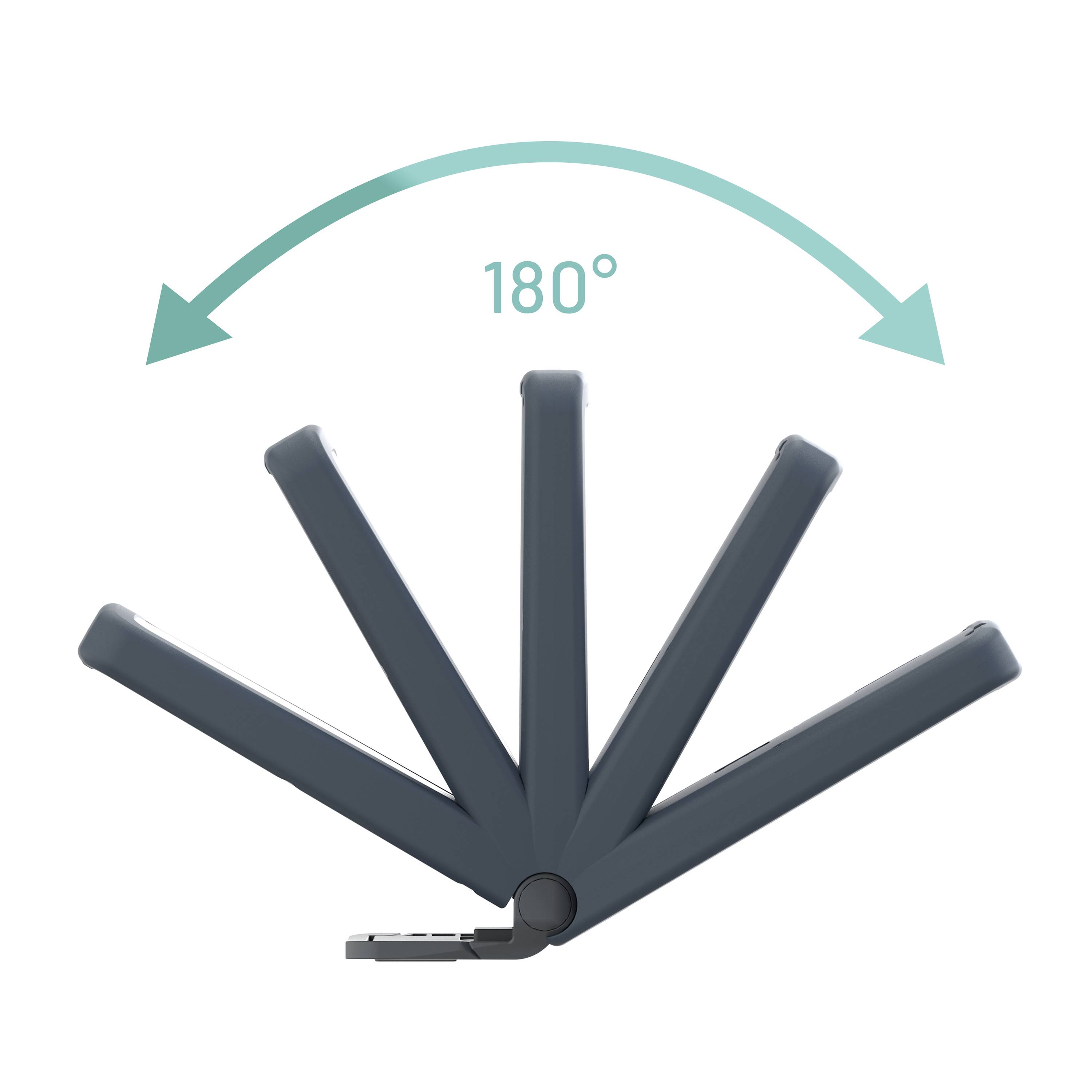 Ein Tablet-Halter zeigt einen 180°-Verstellwinkel mit Pfeilen und einem 180°-Textbogen darüber.