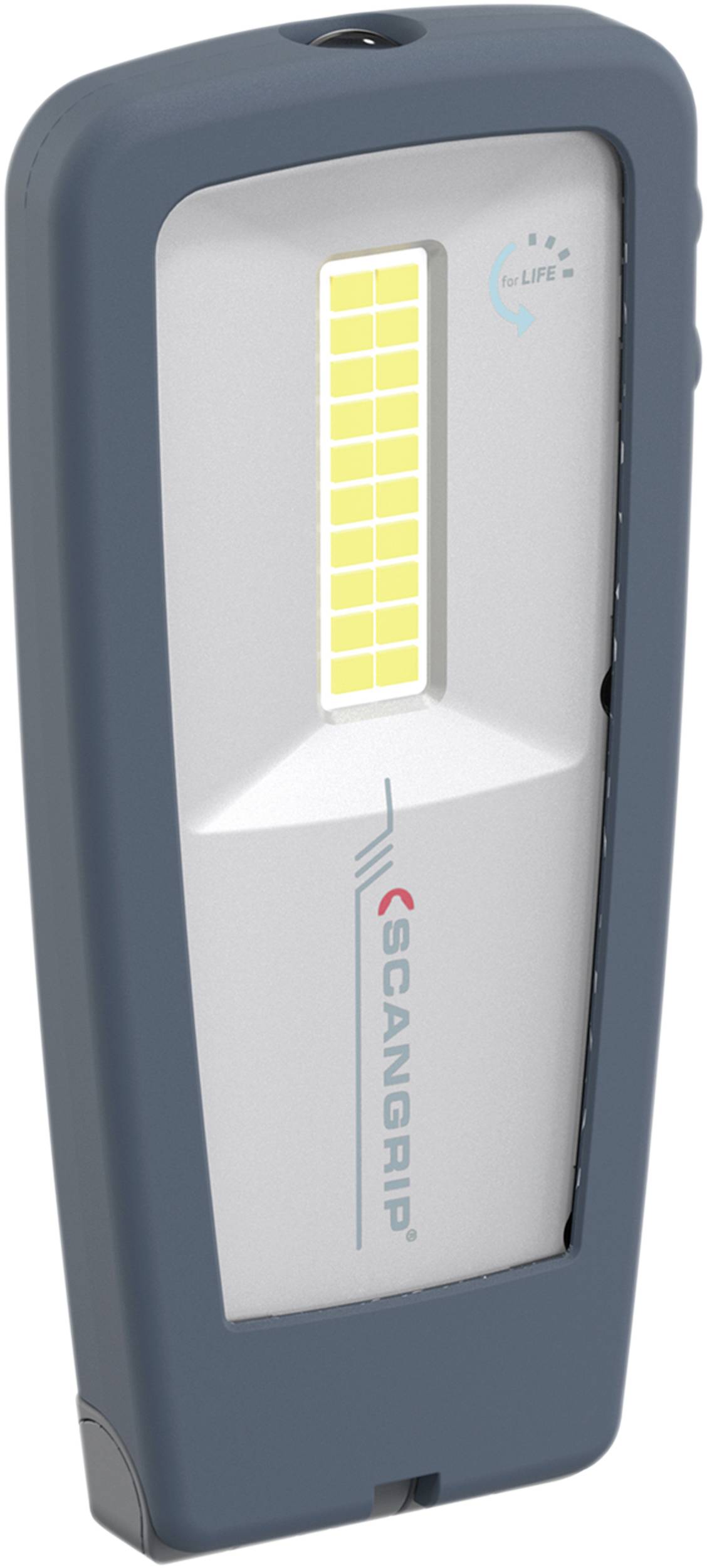Tragbare LED-Arbeitslampe von Scangrip in einem grauen Gehäuse, vertikal stehend, mit leuchtender Lichtleiste in der Mitte.