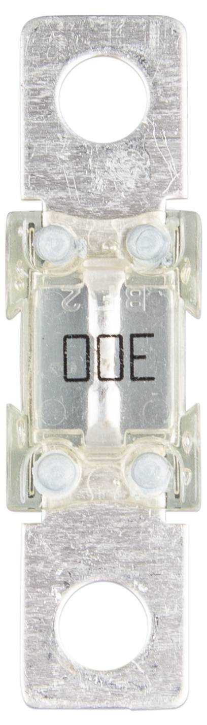 Eine elektrische Sicherung mit Metallkontakten und durchsichtiger Hülle, die die Aufschrift '00E' zeigt.