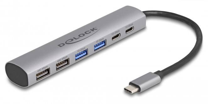 Delock 64232 USB-Hub 4+2 Port USB-A, USB-C® USB 3.2 Gen2 10 GBit/s mit USB-C® Stecker Grau 64232