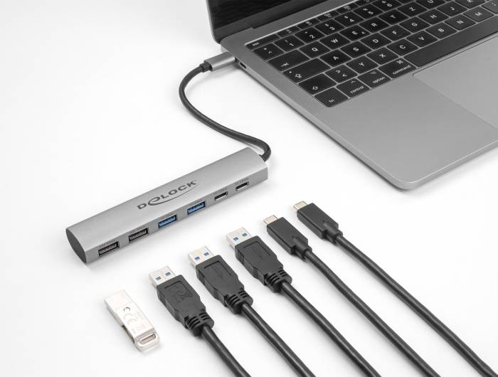 Delock 64232 USB-Hub 4+2 Port USB-A, USB-C® USB 3.2 Gen2 10 GBit/s mit USB-C® Stecker Grau 64232