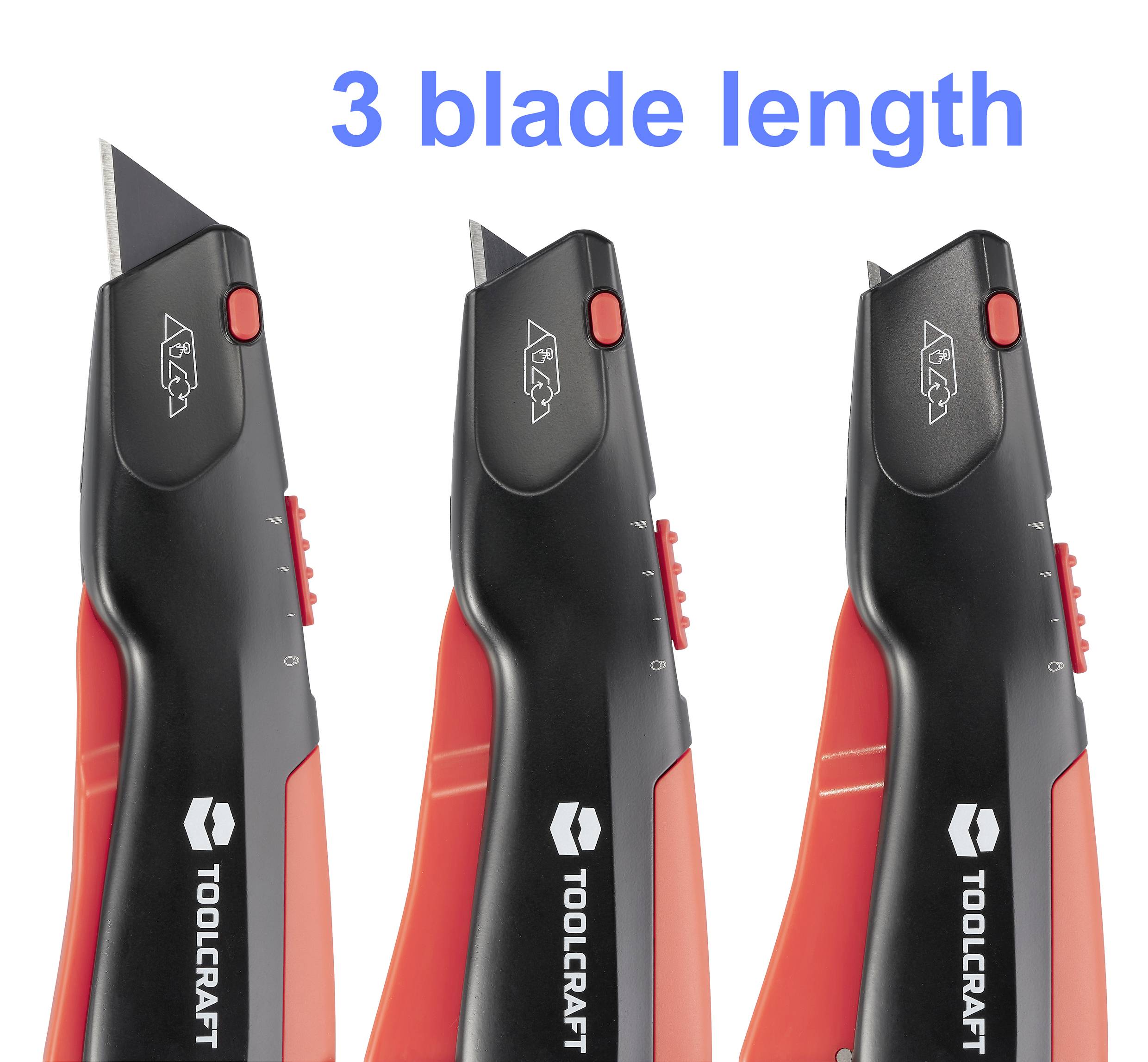 Drei schwarze und rote Cuttermesser mit unterschiedlichen Klingenausfahrungen. Oben steht '3 blade length' in blauer Schrift.