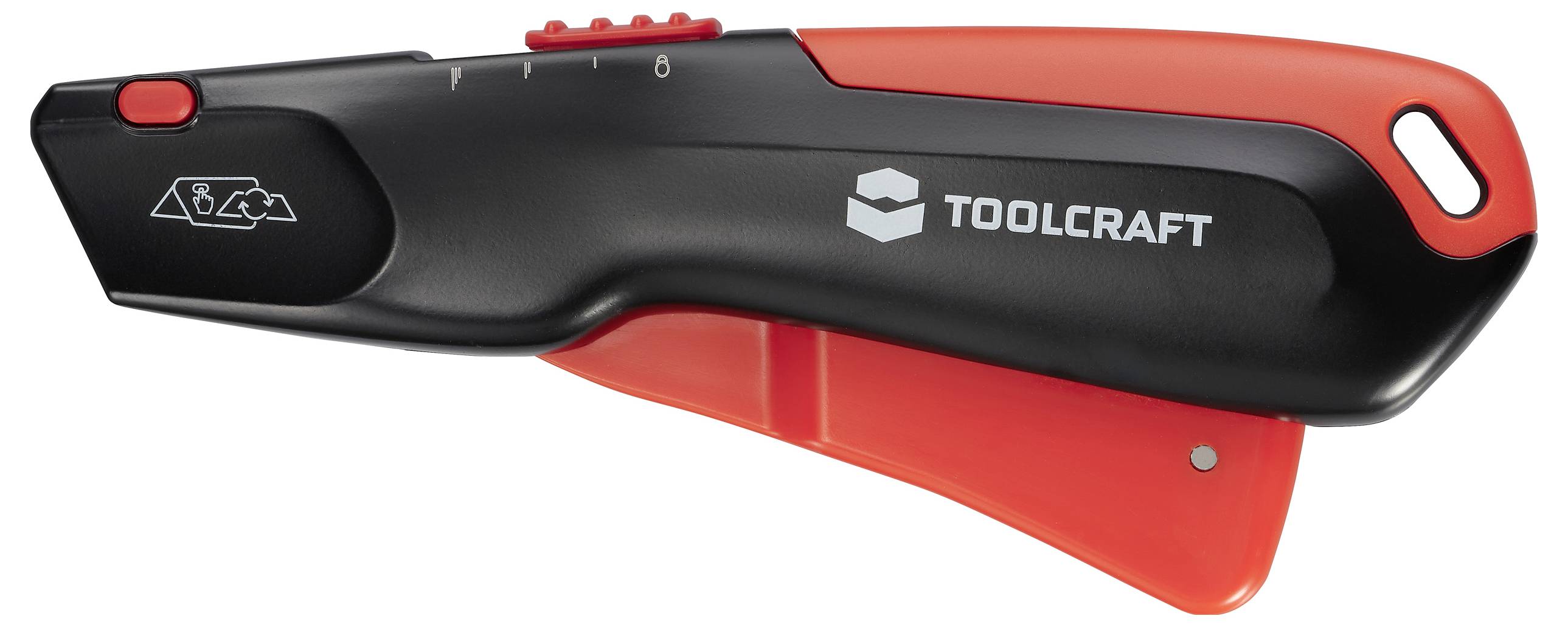 Schwarzes und rotes Sicherheitsmesser von TOOLCRAFT mit Klingenhalterung. Geeignet für präzises Schneiden und Schutz vor Unfällen.