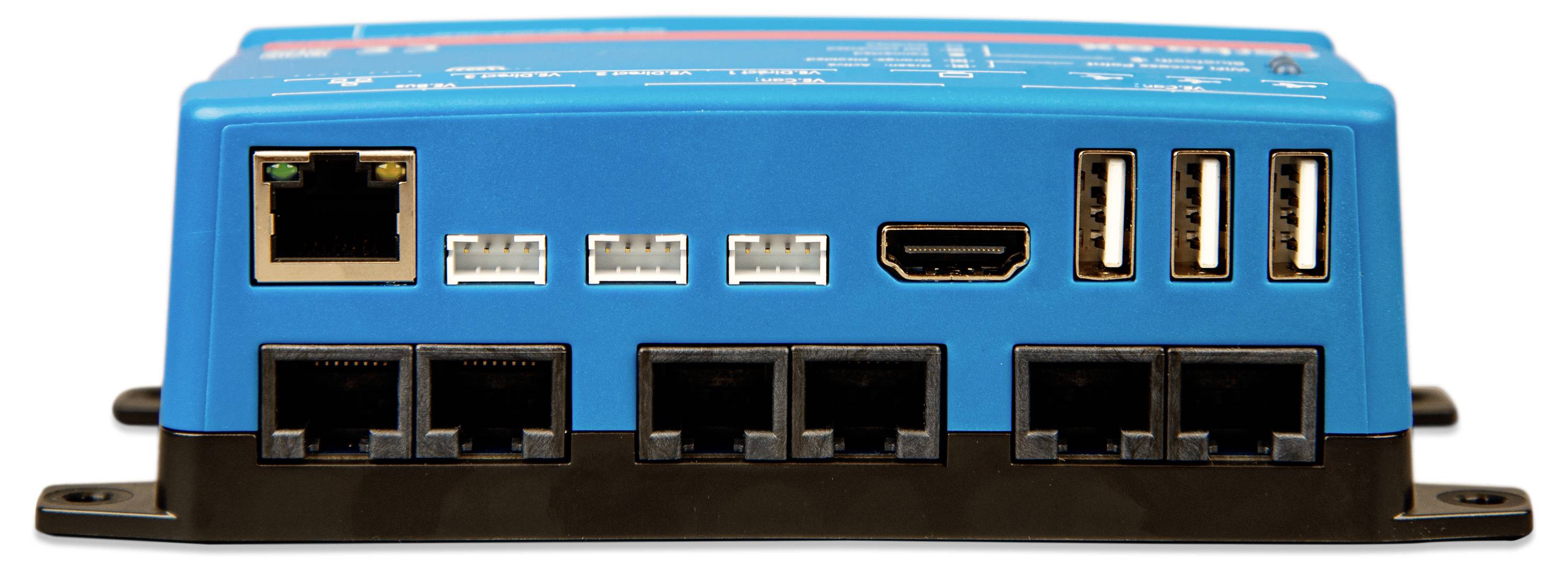 Ein blaues elektronisches Gerät mit mehreren Anschlüssen, darunter Ethernet, HDMI und USB. Es dient der Vernetzung und Stromversorgung.