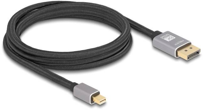 Ein schwarzes Kabel mit einem DisplayPort- und einem Mini-DisplayPort-Stecker für Bildschirme mit hoher Auflösung.