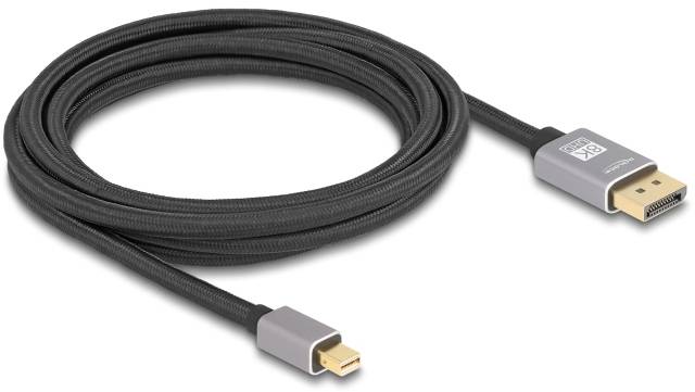Ein schwarzes DisplayPort-Kabel mit zwei Steckverbindungen, eine davon in Standardgröße und die andere als Mini-DisplayPort-Stecker.
