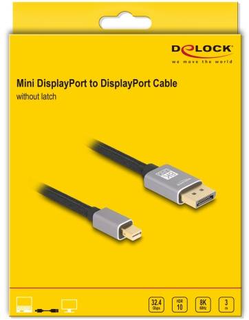 'Delock Mini DisplayPort auf DisplayPort Kabel ohne Verschluss', 3 Meter, unterstützt 32,4 Gbps, HDR10, 8K Auflösung.