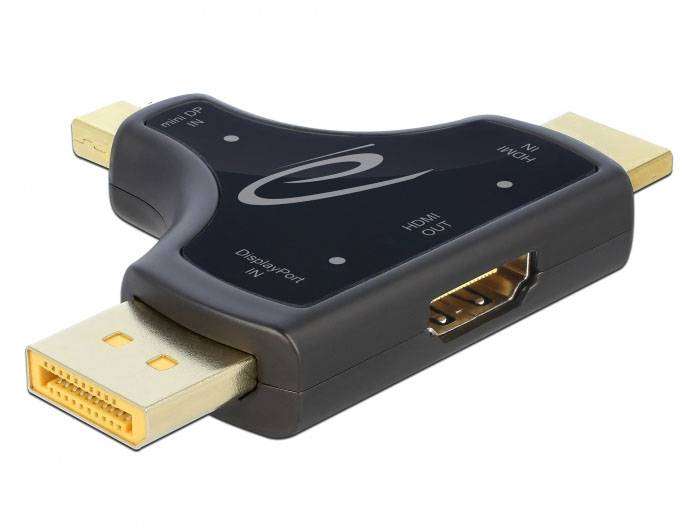 Ein Adapter mit drei Anschlüssen: Mini DisplayPort, DisplayPort und HDMI. Zum Umwandeln von Signalen zwischen diesen Formaten.