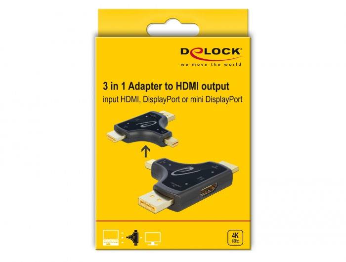 '3 in 1 Adapter to HDMI output' von Delock. Verbindet HDMI, DisplayPort oder Mini DisplayPort mit HDMI. Verpackung zeigt Adapter.