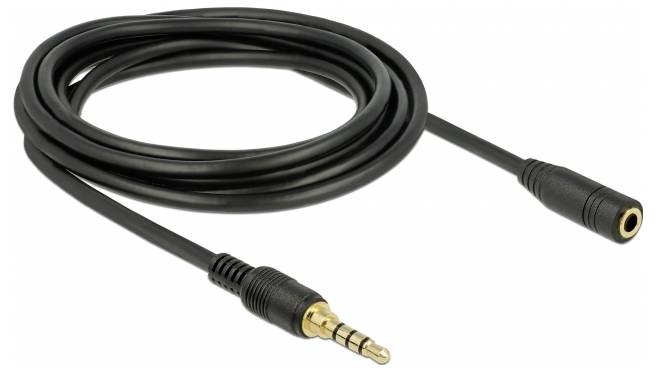 Ein schwarzes Audiokabel mit einem 3,5-mm-Klinkenstecker auf der einen und einer passenden Buchse auf der anderen Seite.